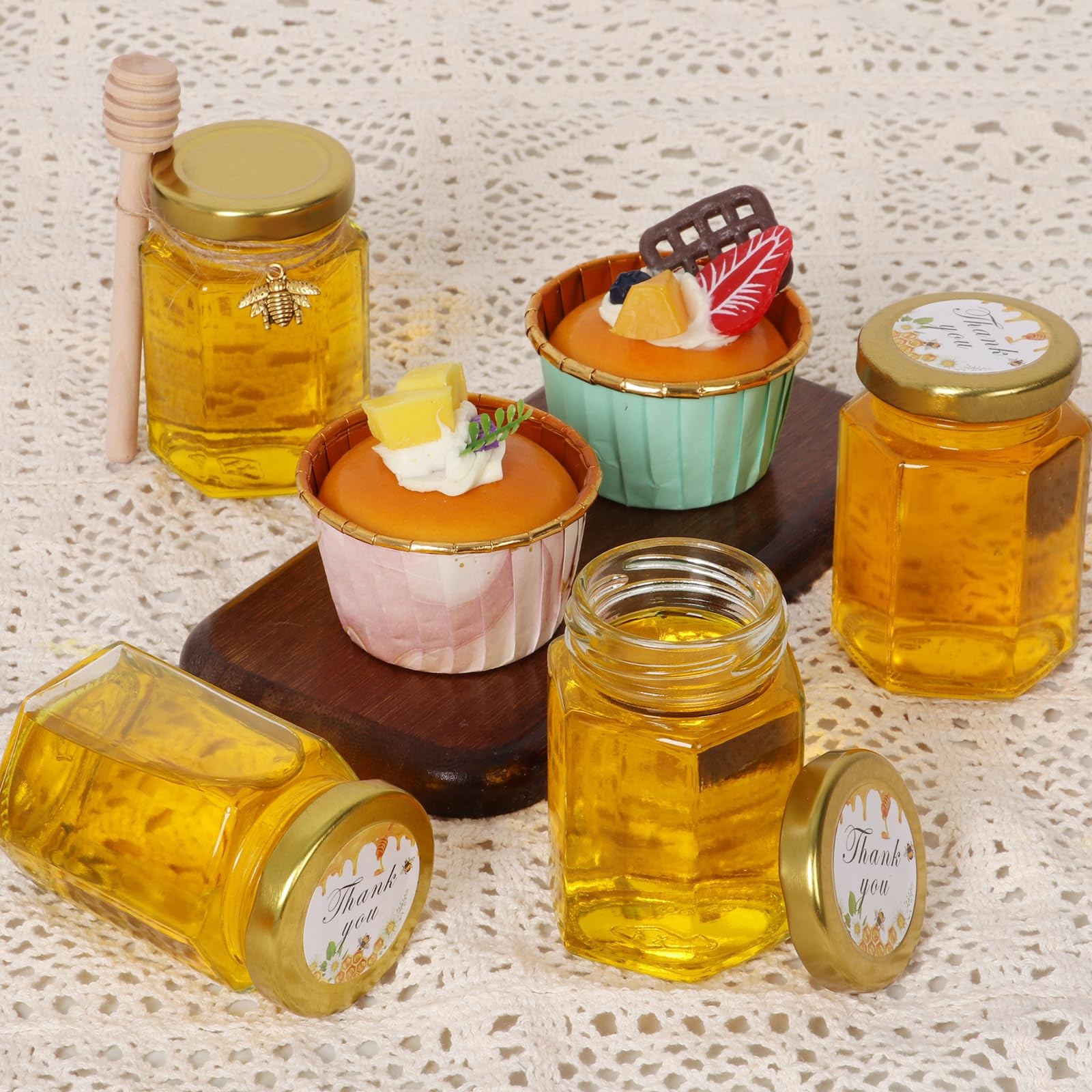BIGIVACA 4 oz Hexagon Mini Glass Honey Jars with Wood Dippers,30 4 oz-30 pack