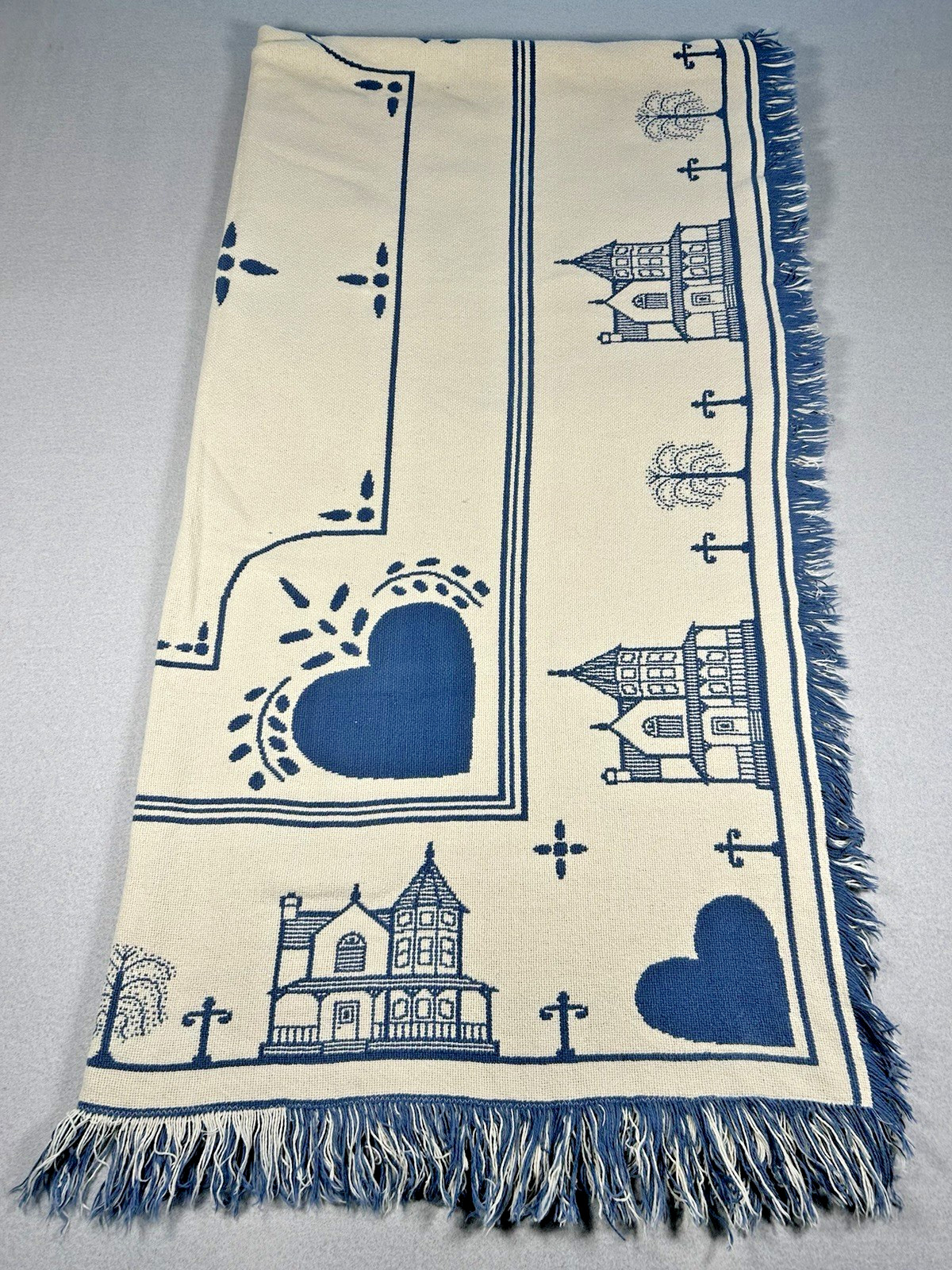 VTG Cottagecore Tapestry Throw Blanket Victorian Houses Hearts 90’s 62″x46″