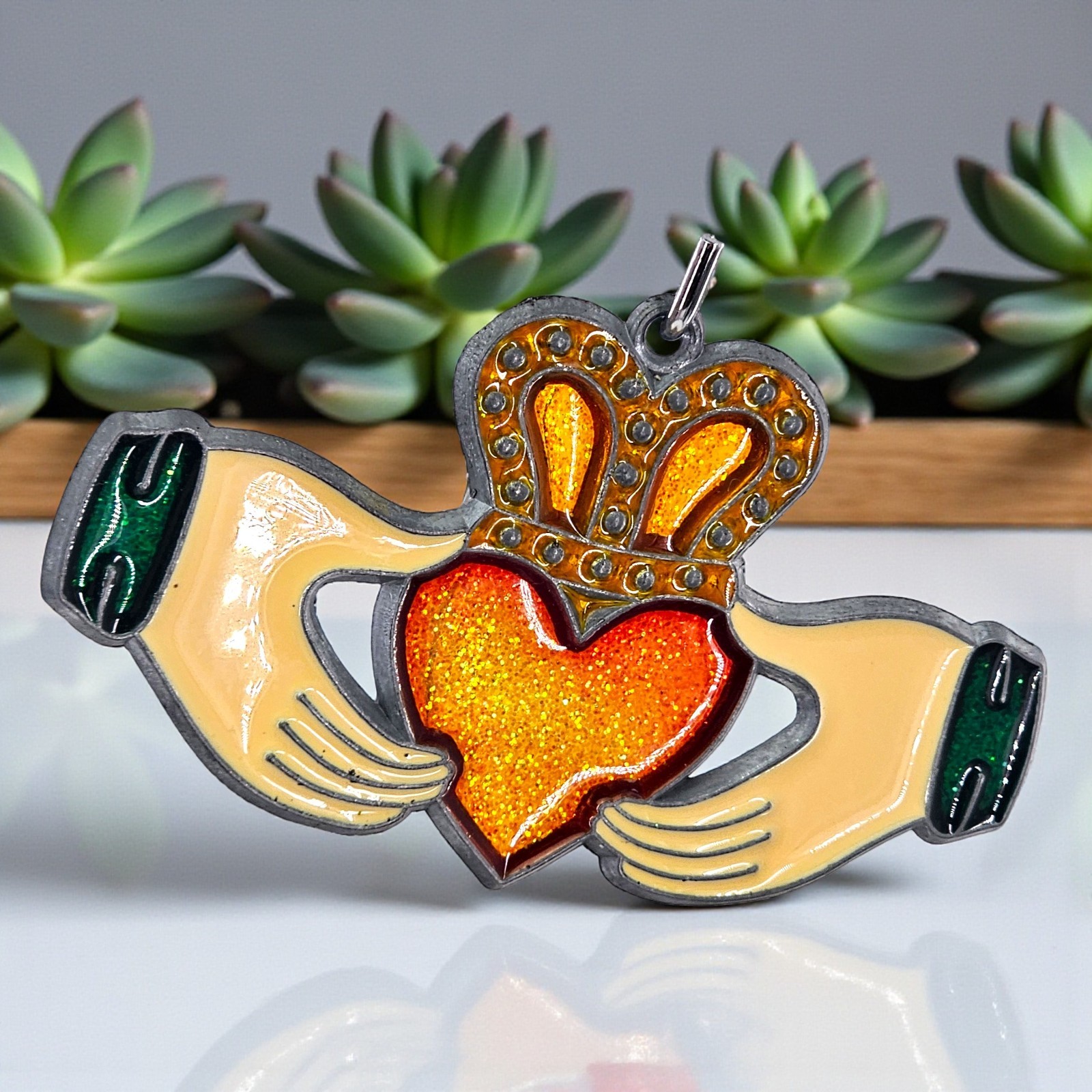 Faux Stained Glass Irish Suncatcher Claddagh Friendship Love Loyalty St Patricks