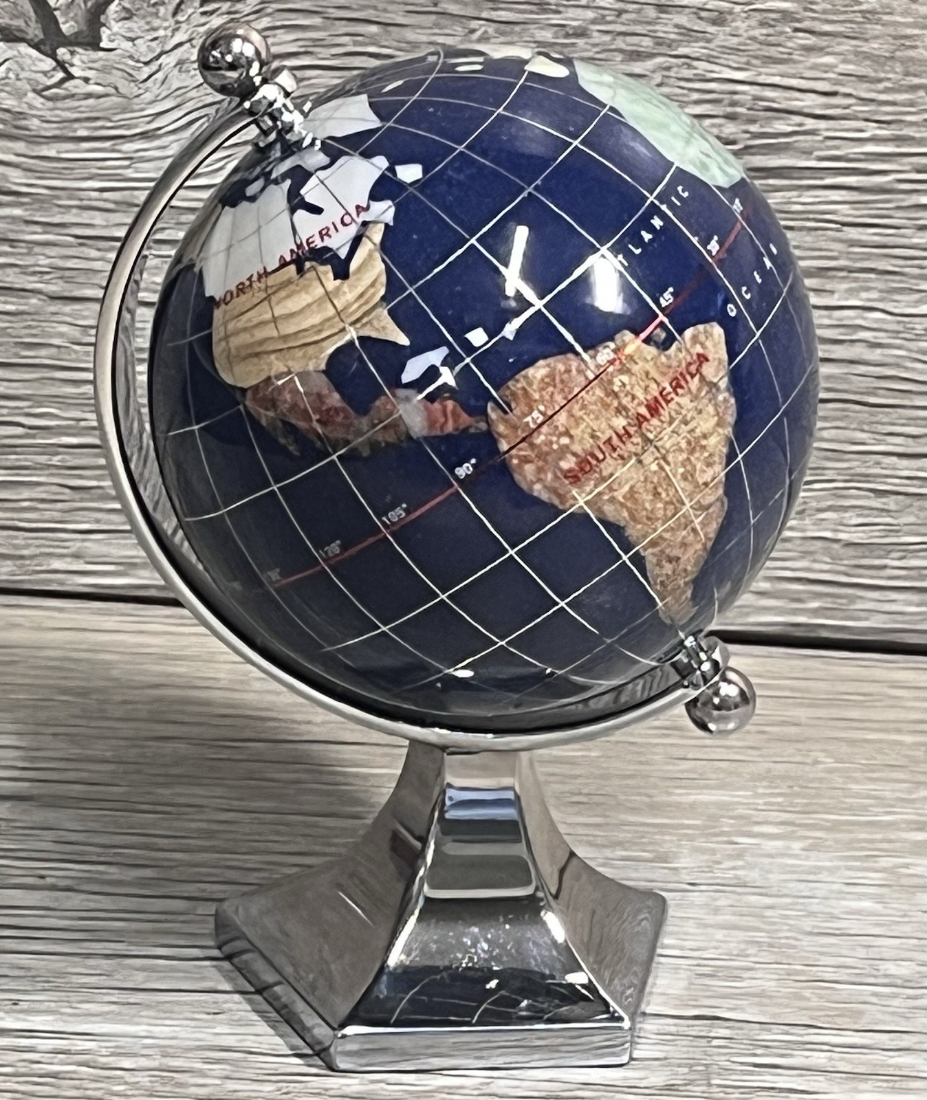 GEMSTONE MINI WORLD GLOBE Semi-Precious Inlay Chrome Stand 5.5″ Tabletop Decor