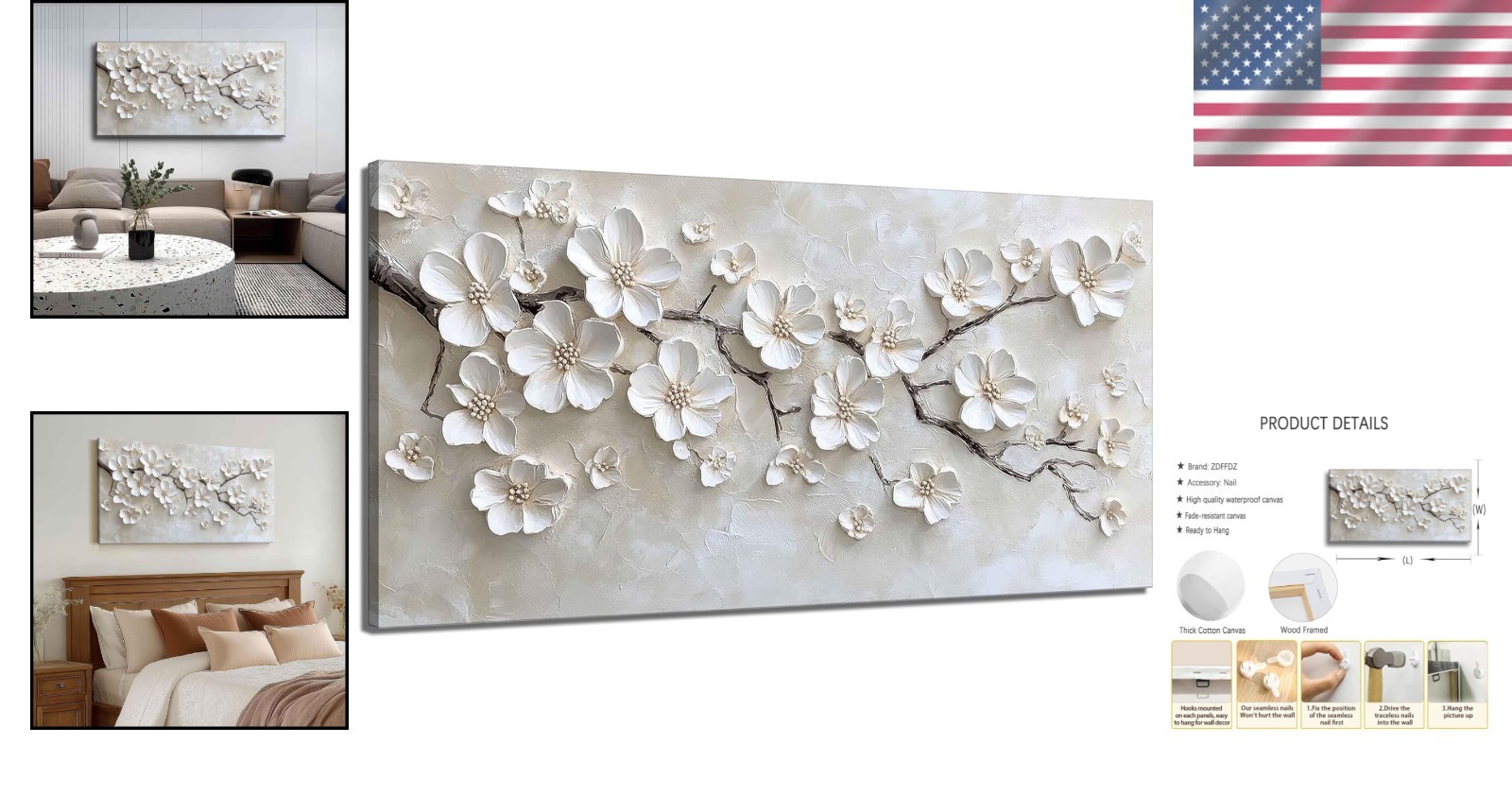 Large White Flower Canvas Wall Art 3D Texture Plant Floral painting Decor Pic…