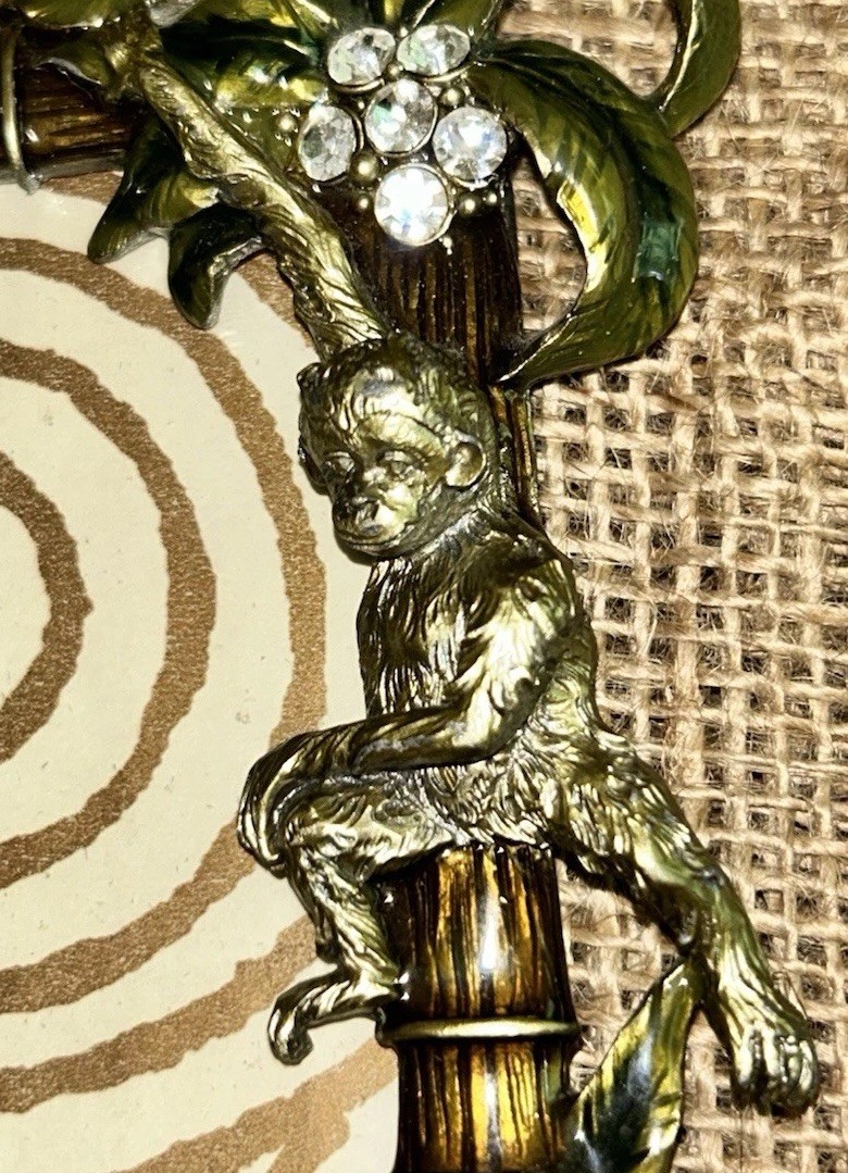 VTG Enamel Rhinestone MONKEY & Palm Trees 3.5×5 Photo Picture Frame 4.75”W 6”T