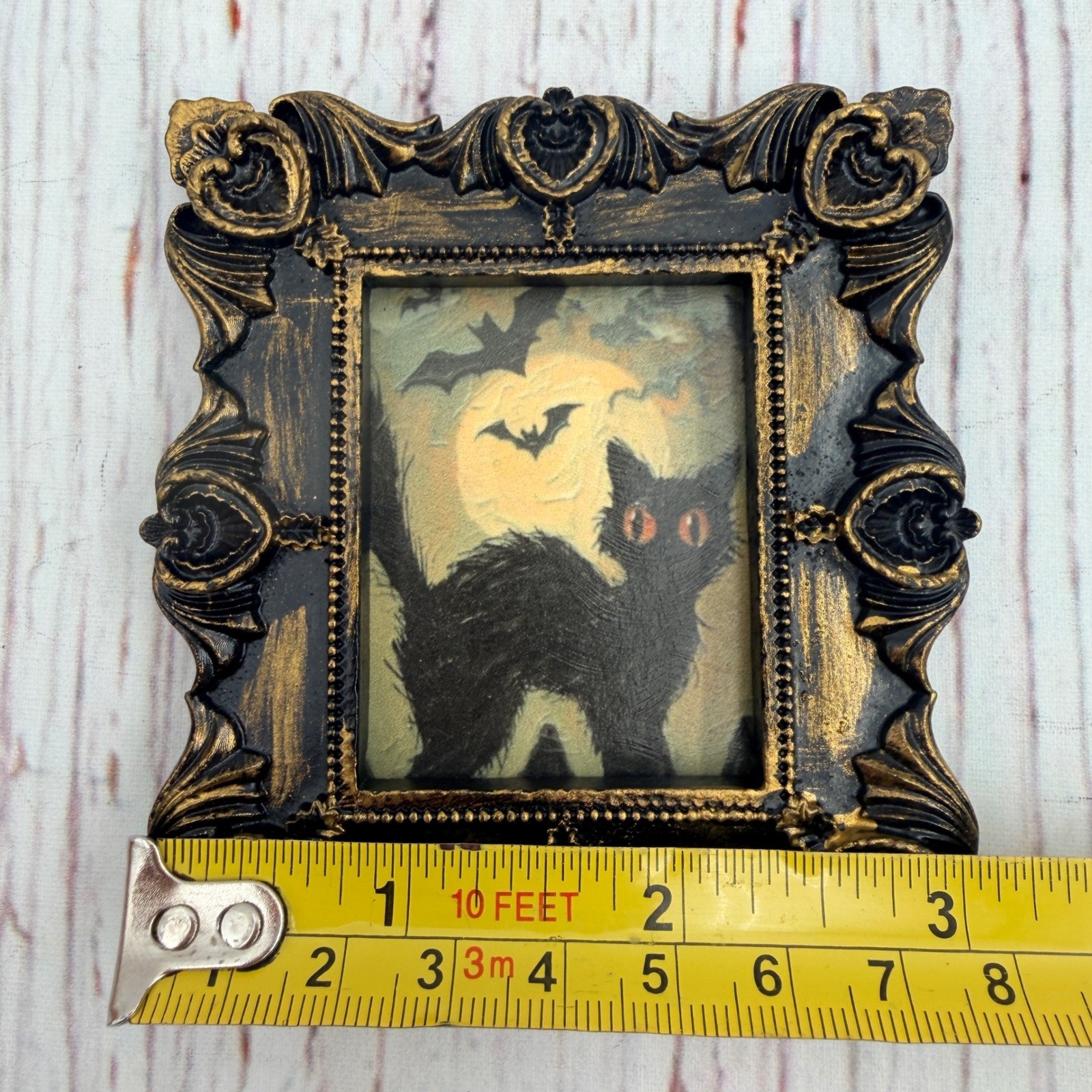 Vintage Black Cat Halloween Art Ornate Black Gold Resin Frame Miniature 3.25in