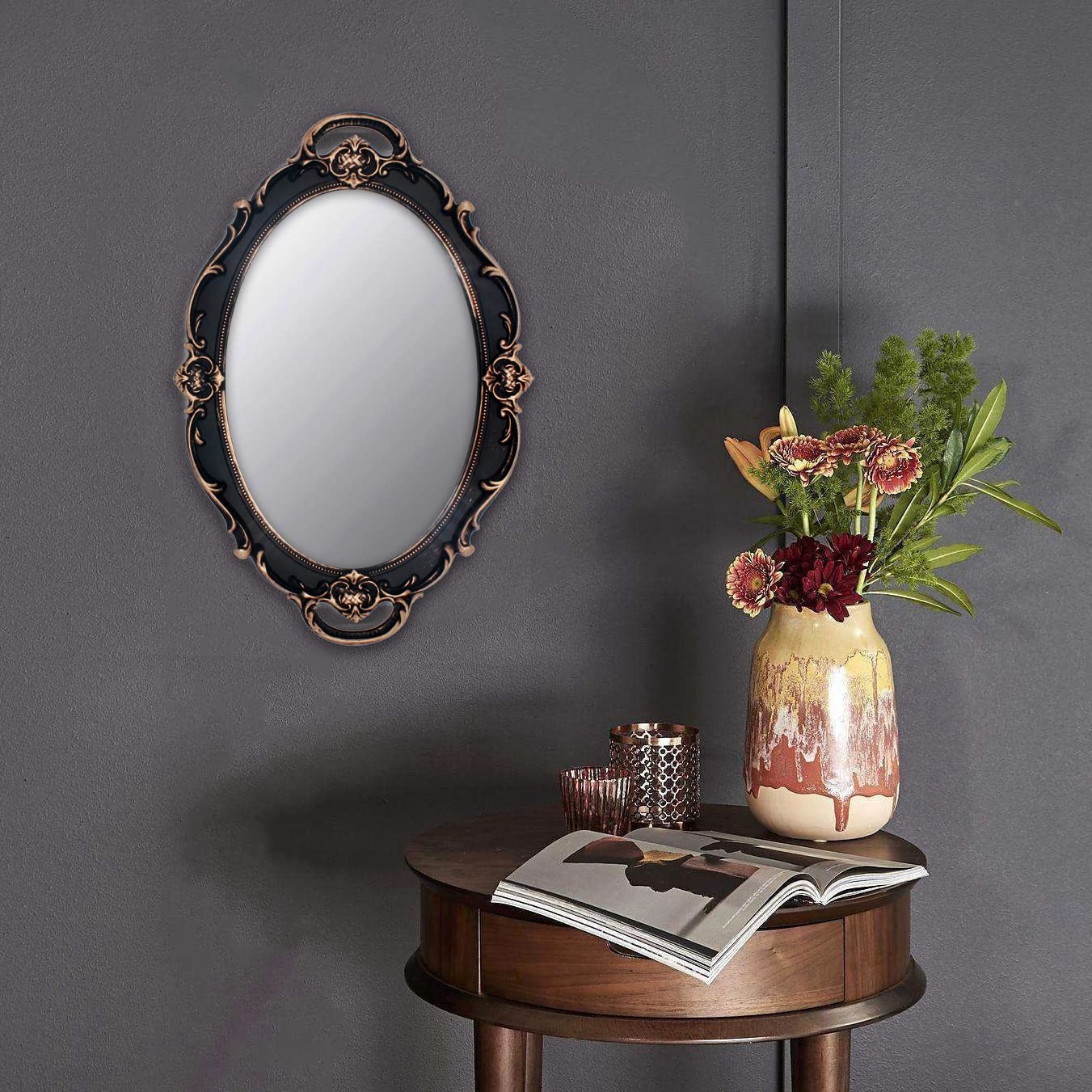 Vintage Mirror Small Wall Mirror Hanging Mirror 14.5 x 10 inchs Oval Brown