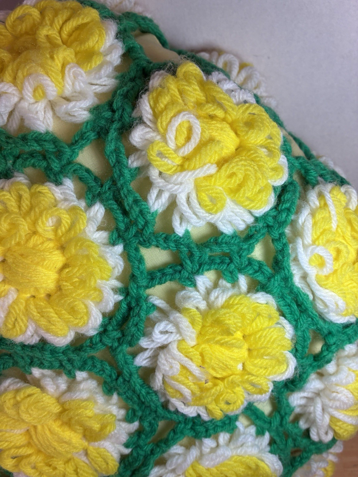 Vintage Daisy 3D Crochet Handmade Afghan Throw Blanket Pillow Kitschy Grannycore