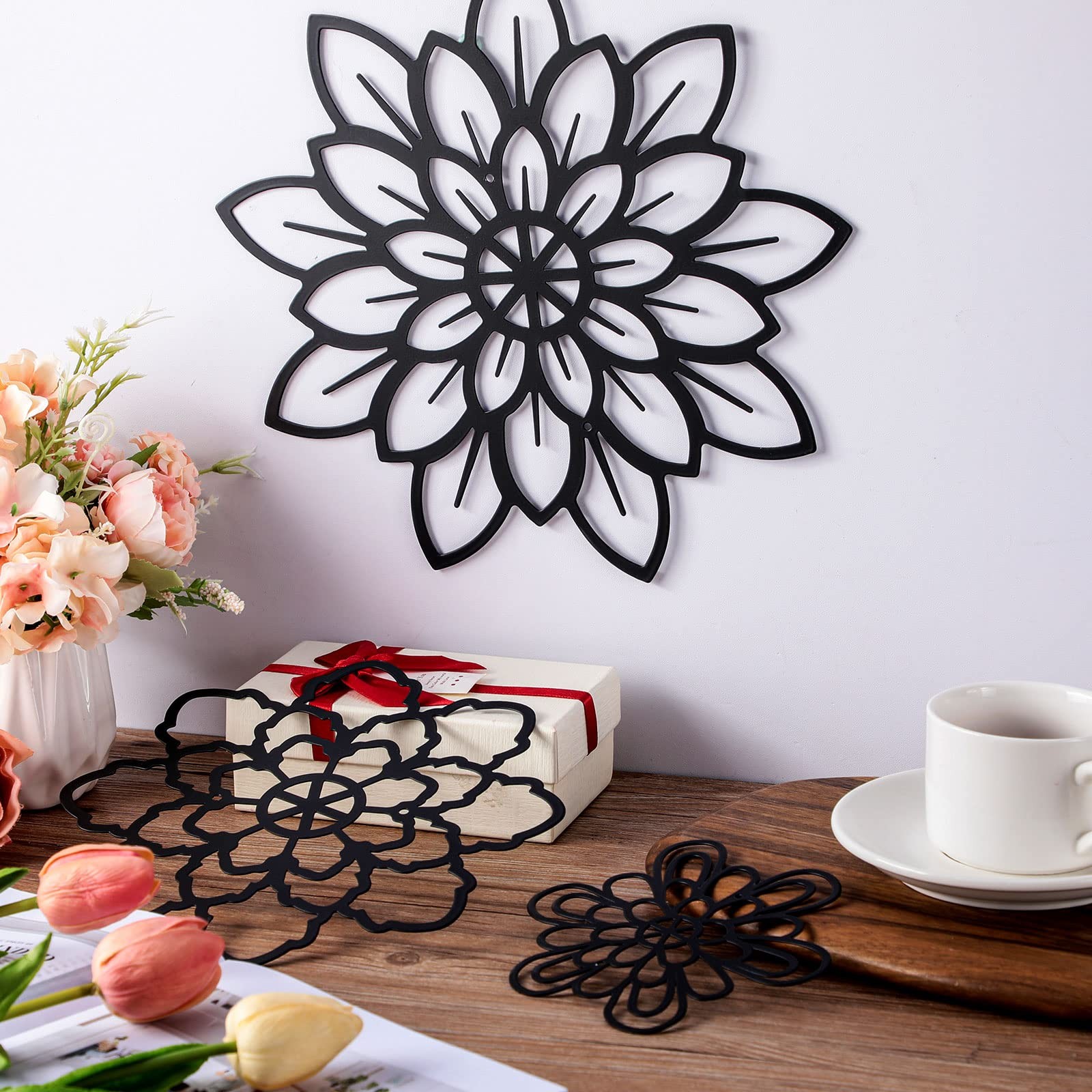 Modern Black Metal Flower Wall Art Set Of 3 Decorative Home Decor