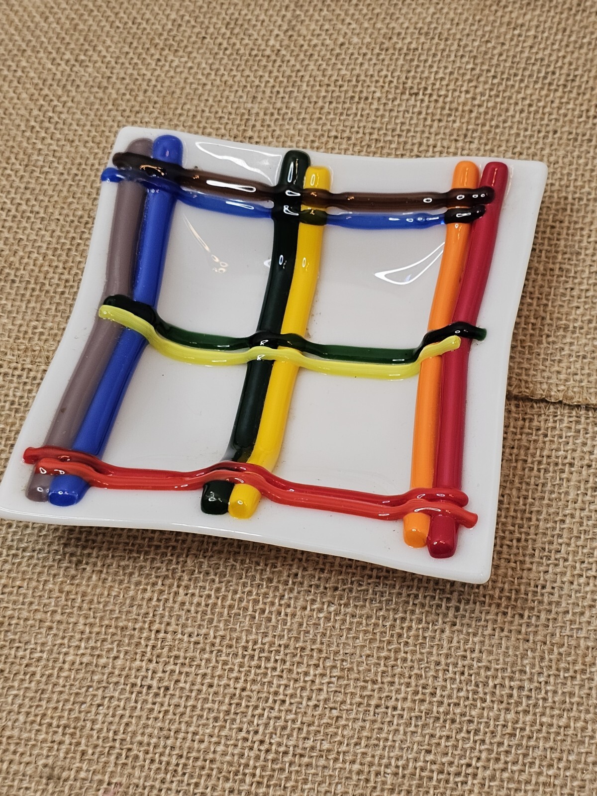 Fused Glass Lampwork Colorful Small Square Dish Primary Geometric