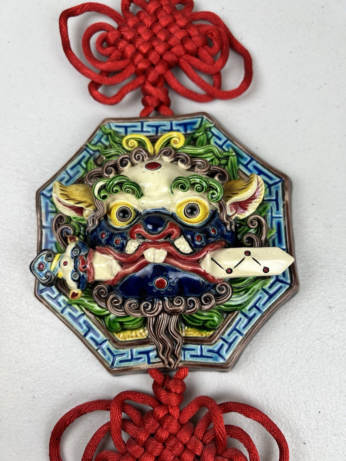 Asian Pottery Art Guardian Lion Foo Dog Hanging Decoration Braided Tassel READ