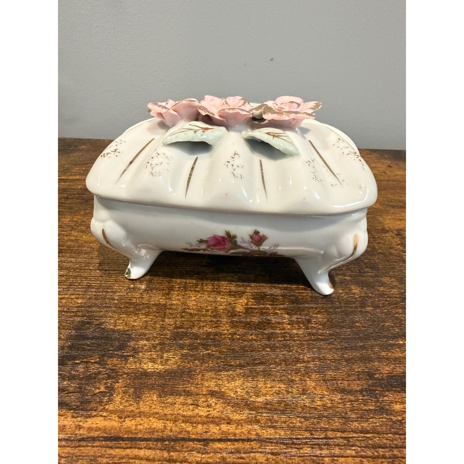 Vintage Tilso Japan Porcelain Trinket Box Pink Roses Gold Trim Footed Floral