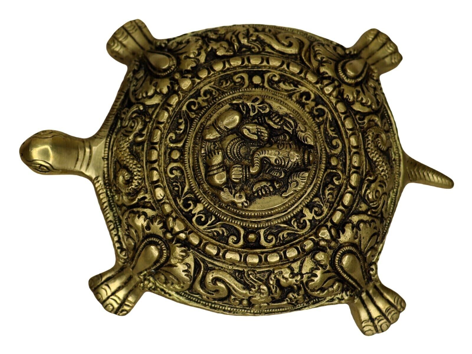 Lord Ganesha on Turtle Back with Money Attraction Yantra Handmade Brass Statue