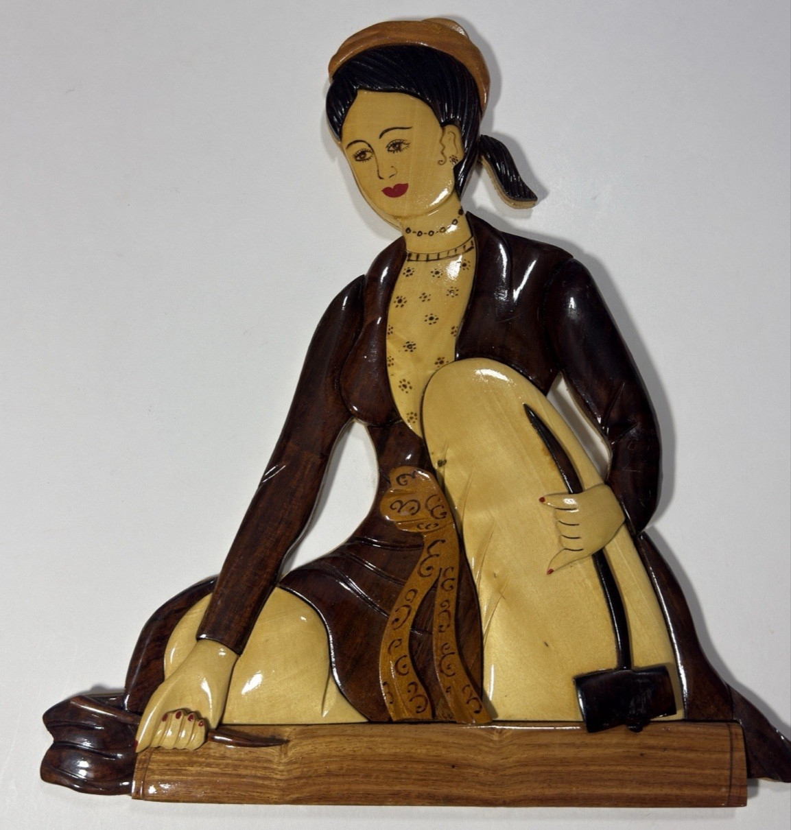 Wooden Wall Plaque Carved Folk Art Vtg Inlay Ethnic Asian Woman MCM Retro Decor