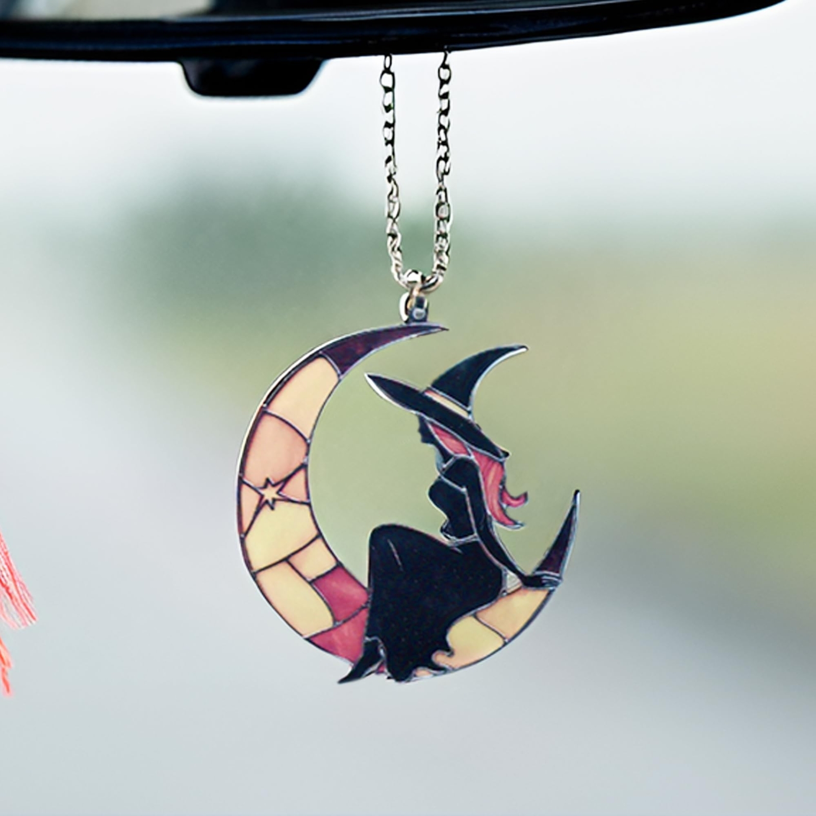 Moon Witch Car Hanging Ornament Cute Rear View Mirror Decoration Mirror Charm…