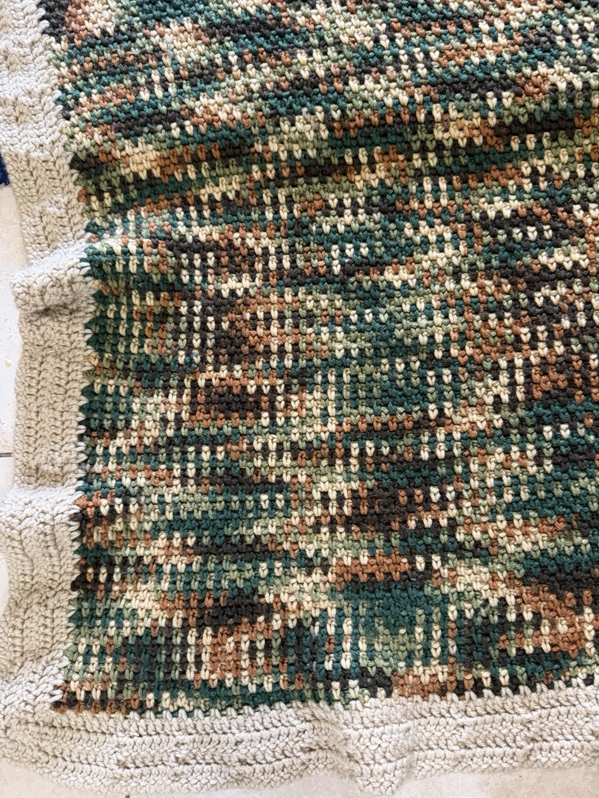 Vintage Handmade Knitted Afghan Camouflage Design Throw/Blanket 97×88” Queen EUC
