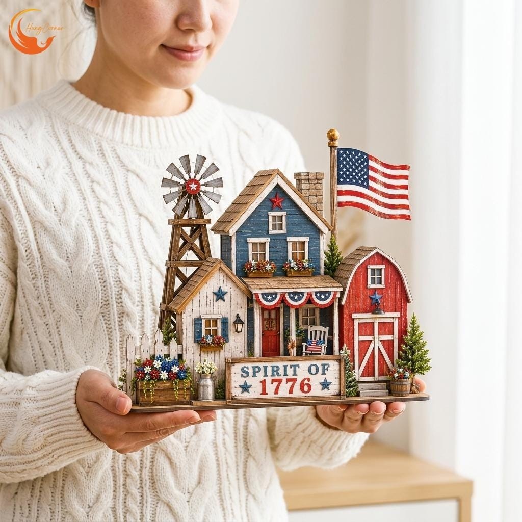 Rustic Americana Patriotic Village Figurine for Farmhouse 4th of July Decor