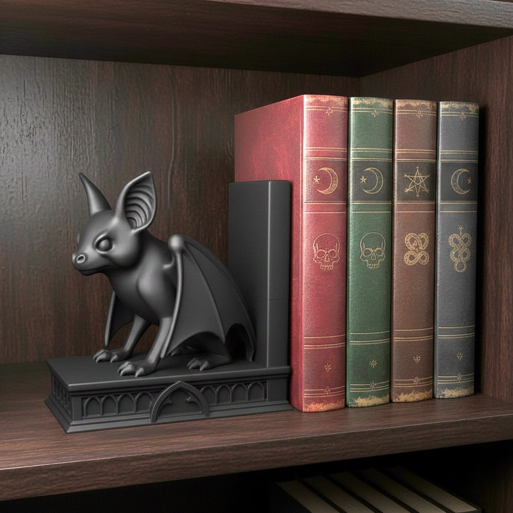 3D Printed Gothic Bat Bookends Dark Academia Matte Black Shelf Decor Home Accent