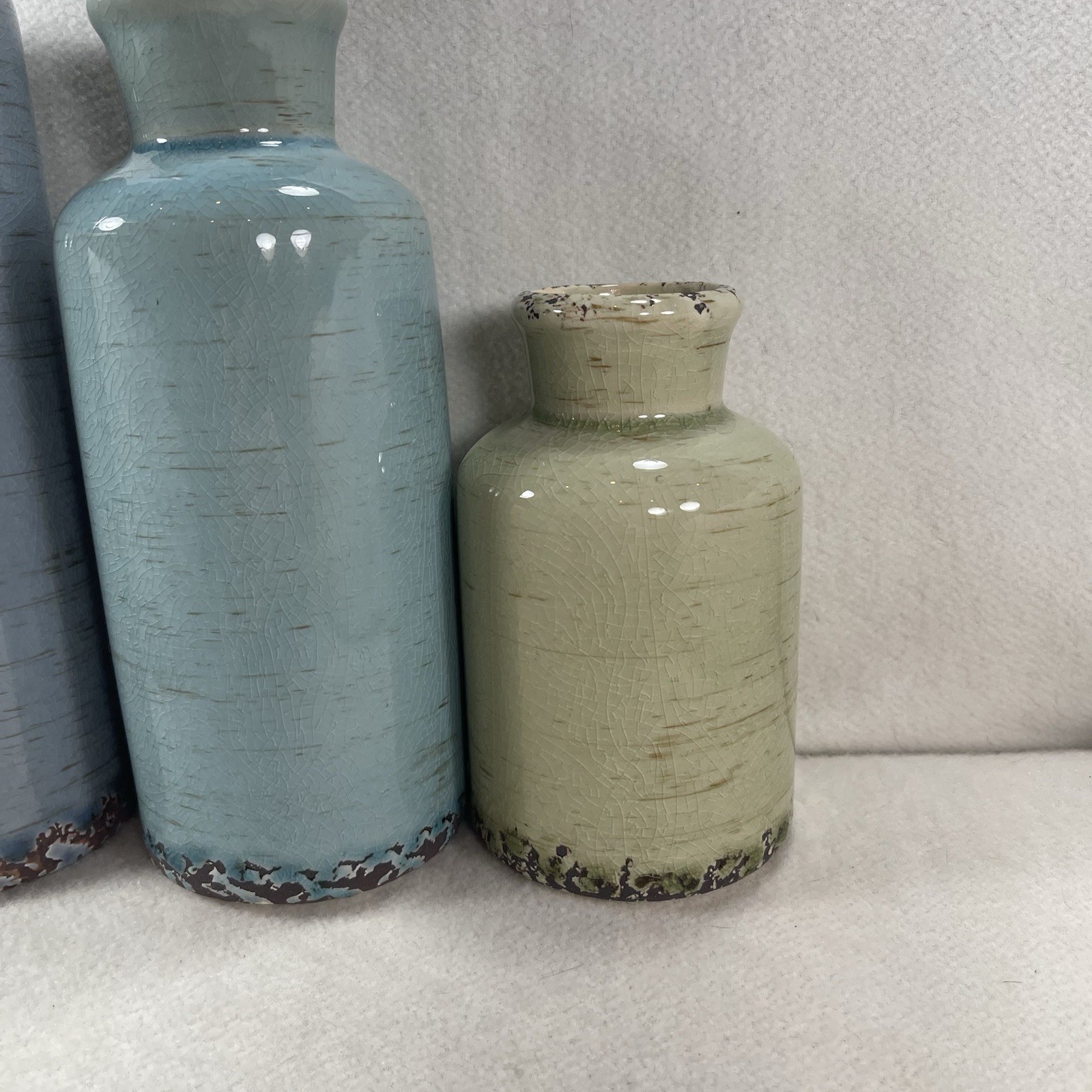 Inspired By Nature Farmhouse Style Vase Set 3 Blue Green Gray W/ Crackle Glaze