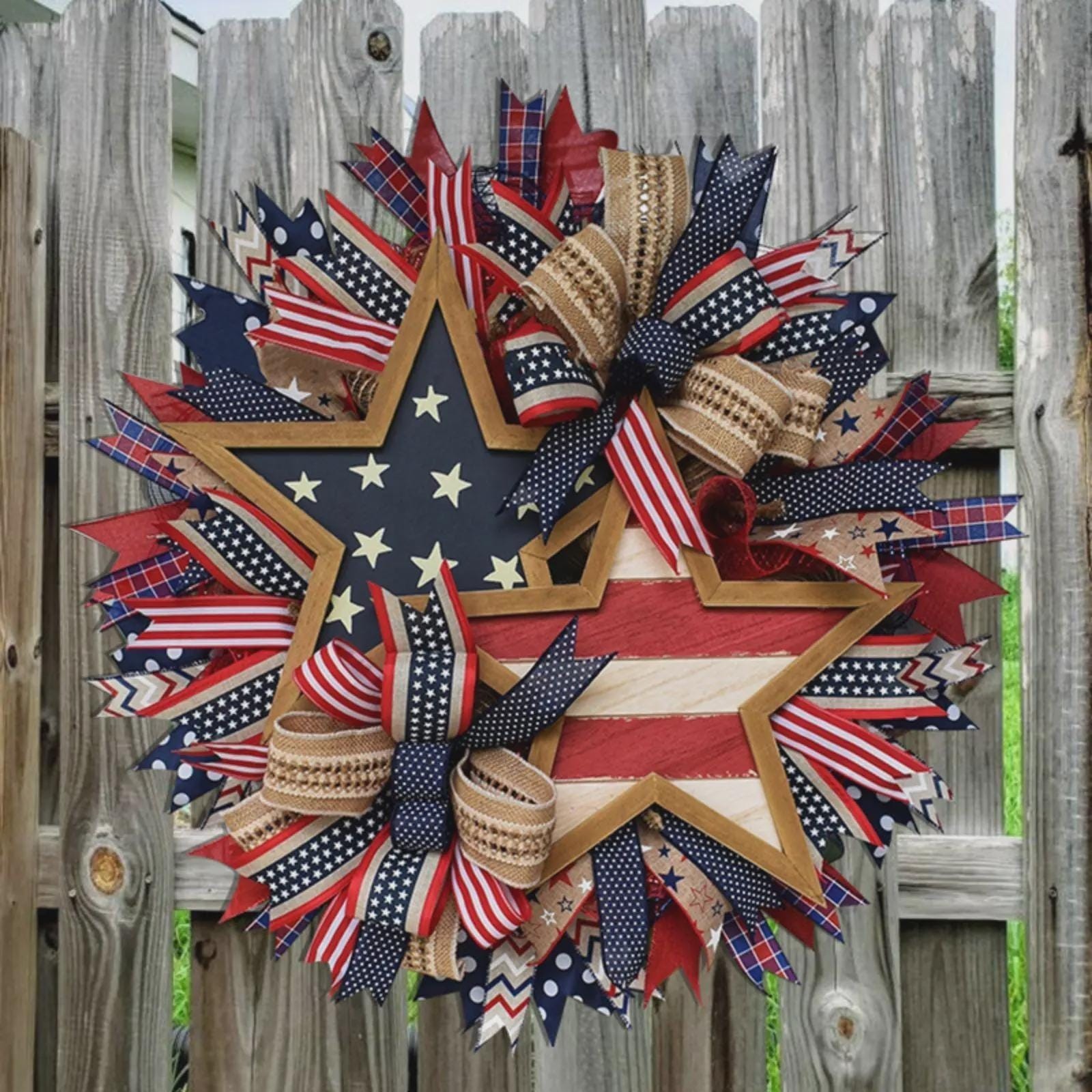 Patriotic Wood Wreath Star, America 250th Anniversary, 4th of July Door Sign