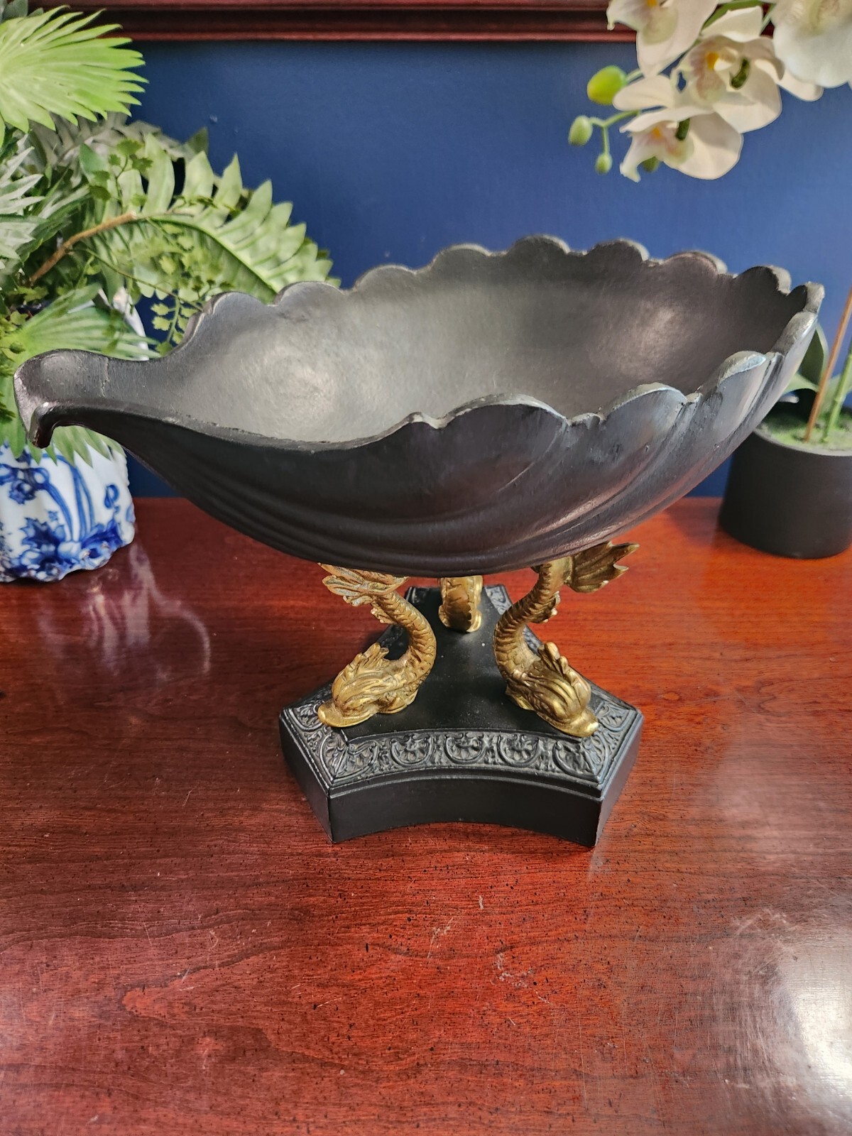 Heavy Black Metal Seashell with Brass Dolphin Base Bowl, centerpiece, fruit bowl