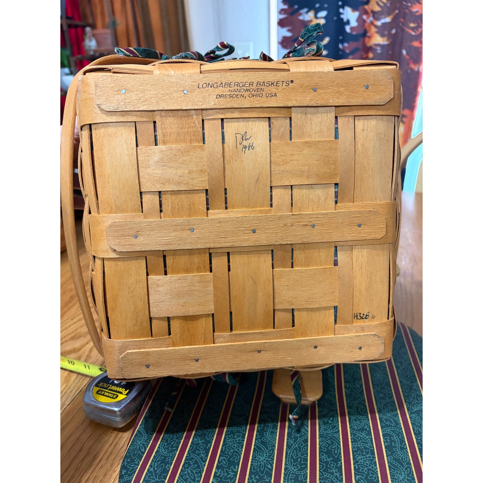 LONGABERGER Basket w/ Padded Lid – Green Maroon Stripe – 7″ Tall – Vintage