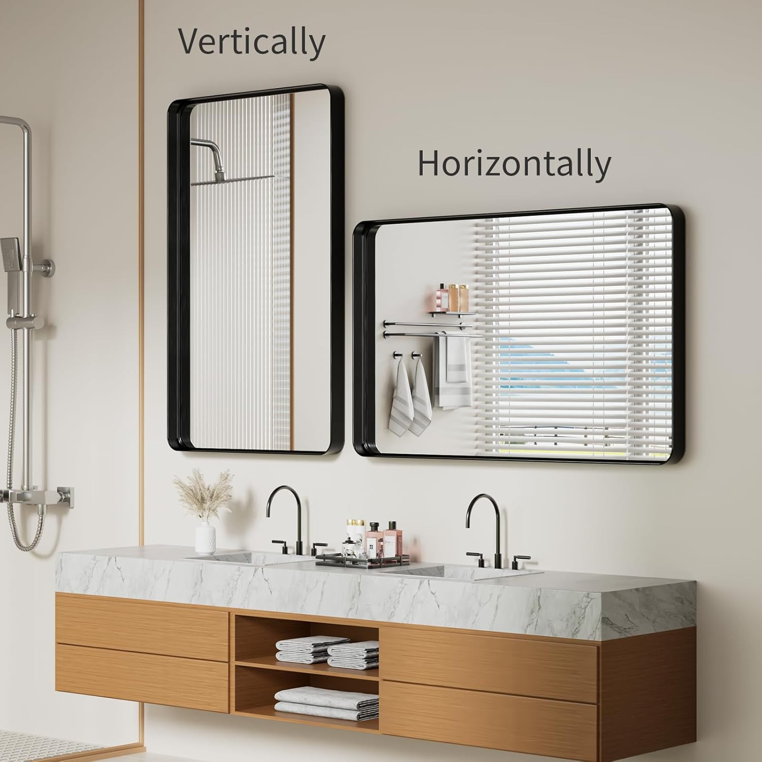 Matte Black 30×48 Inch Rounded Rectangle Wall Mirror for Bathroom & Living Room