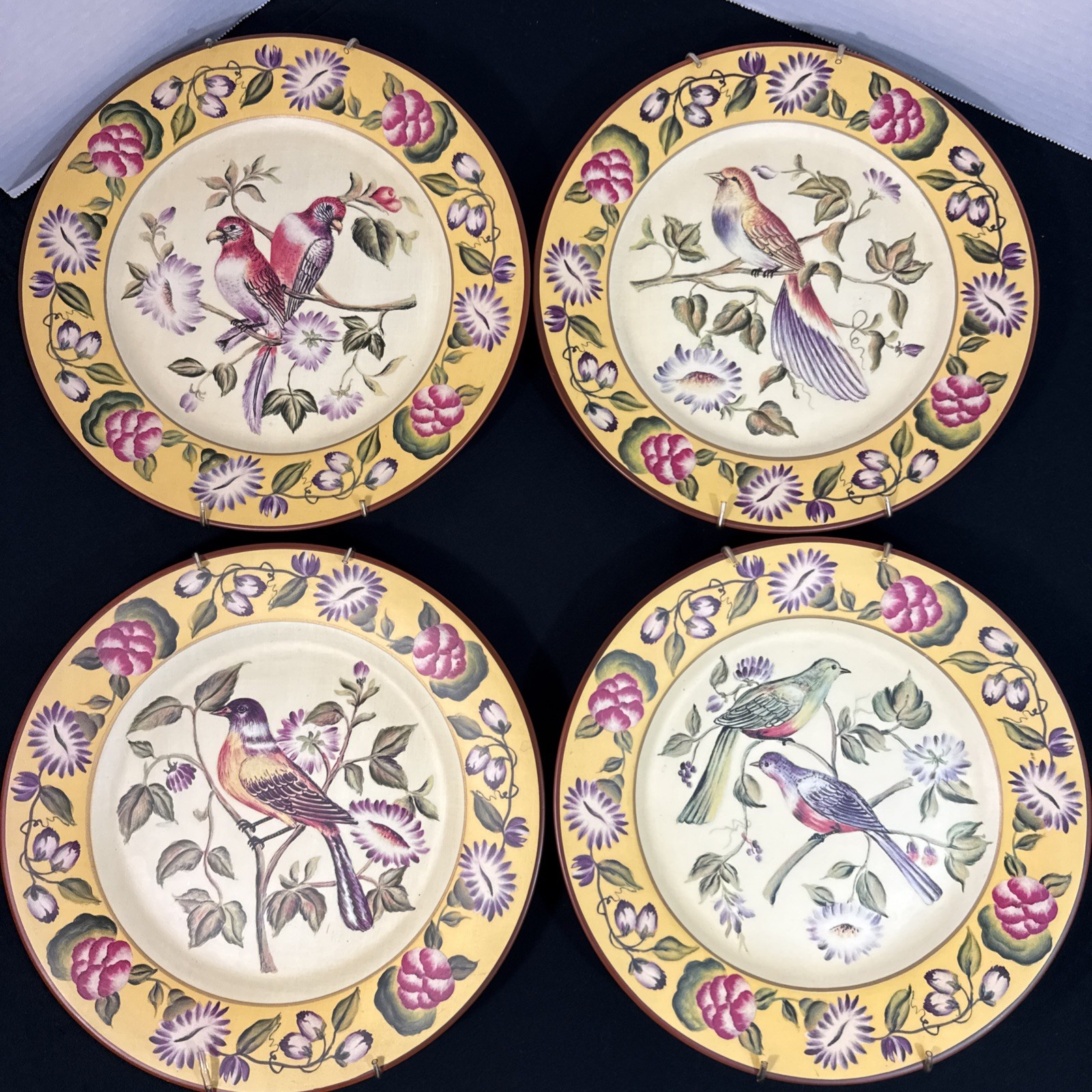 Mark Roberts Style Floral Bird Wall Hanging Plate Porcelain Ceramic 10” Set of 4