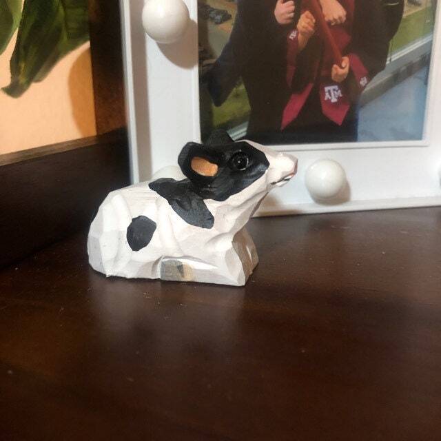 Cow Wood Handmade Figurine Statue Small Art Sculpture Decor Mini Farm Country