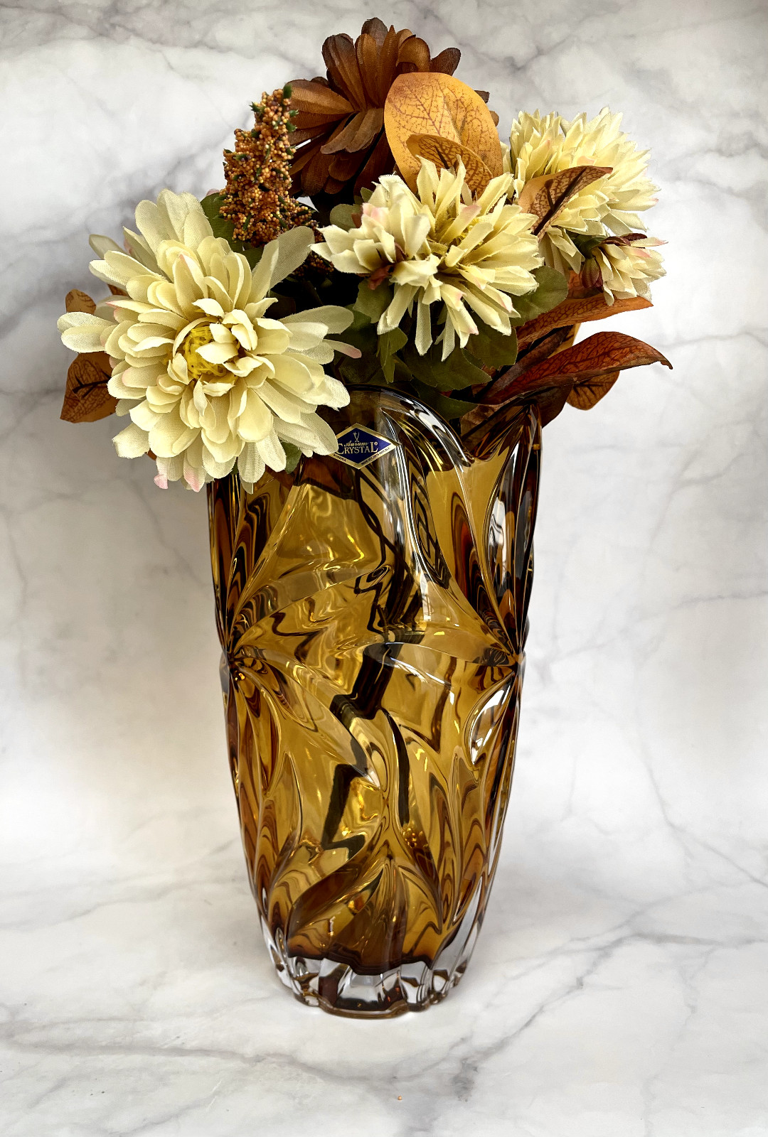 Flower Vase 11″ Centerpiece Bud Vase Amber color Bohemian Czech Crystal Glass