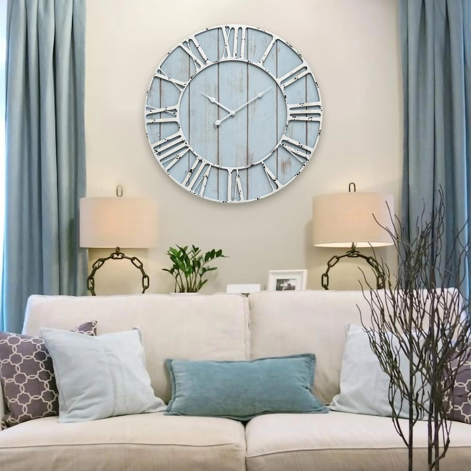 Large Farmhouse Wall Clock 24 Inch Vintage Blue Wooden Wall Clock with Quiet …