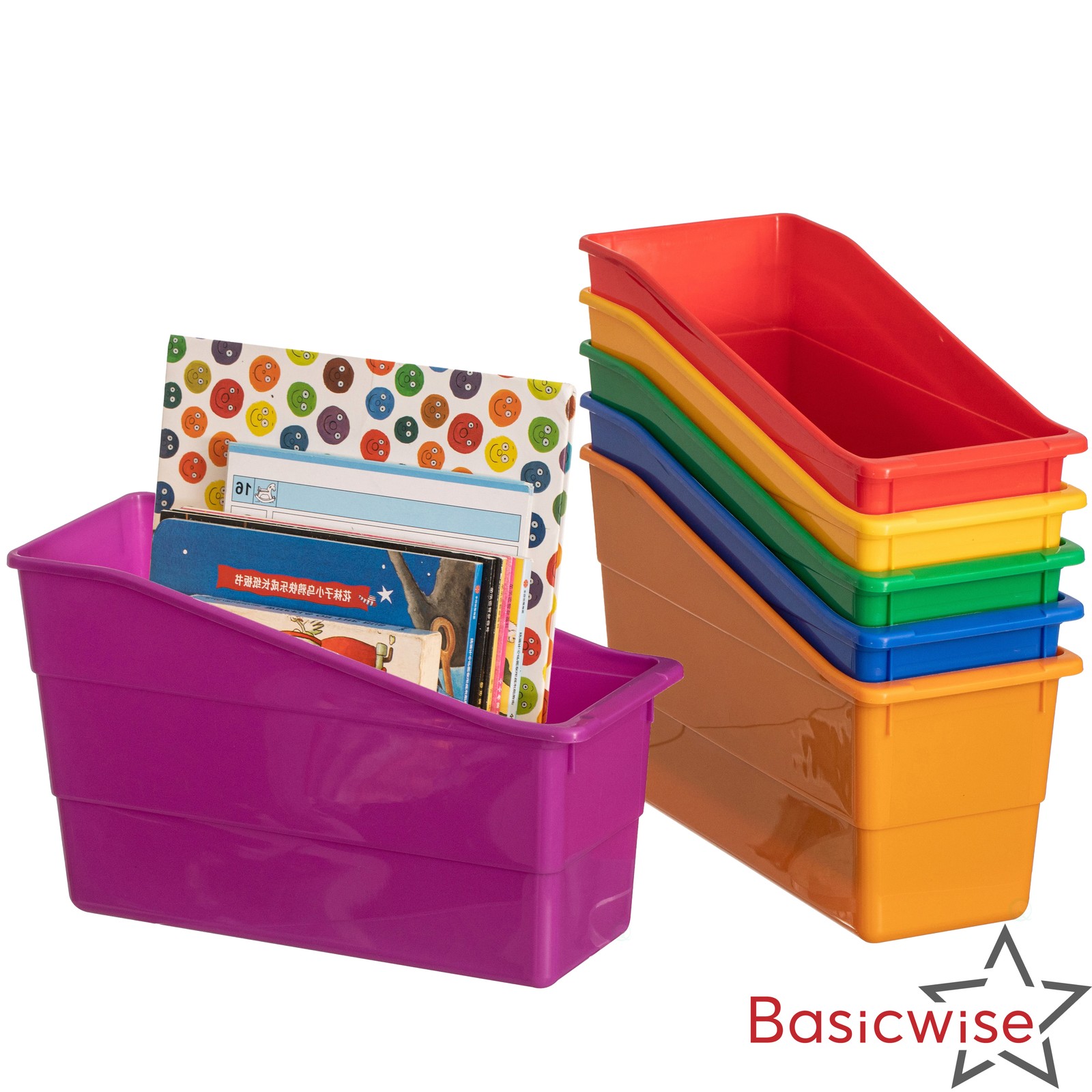 New Basicwise 6-pc Assorted Color Plastic Storage Bins Versatile Book Magazine