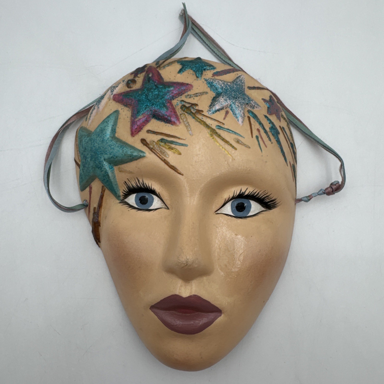 Womens Face Mask Ceramic Clay Art Wall Home Decor Glam Glitter Stars Vtg 1980s