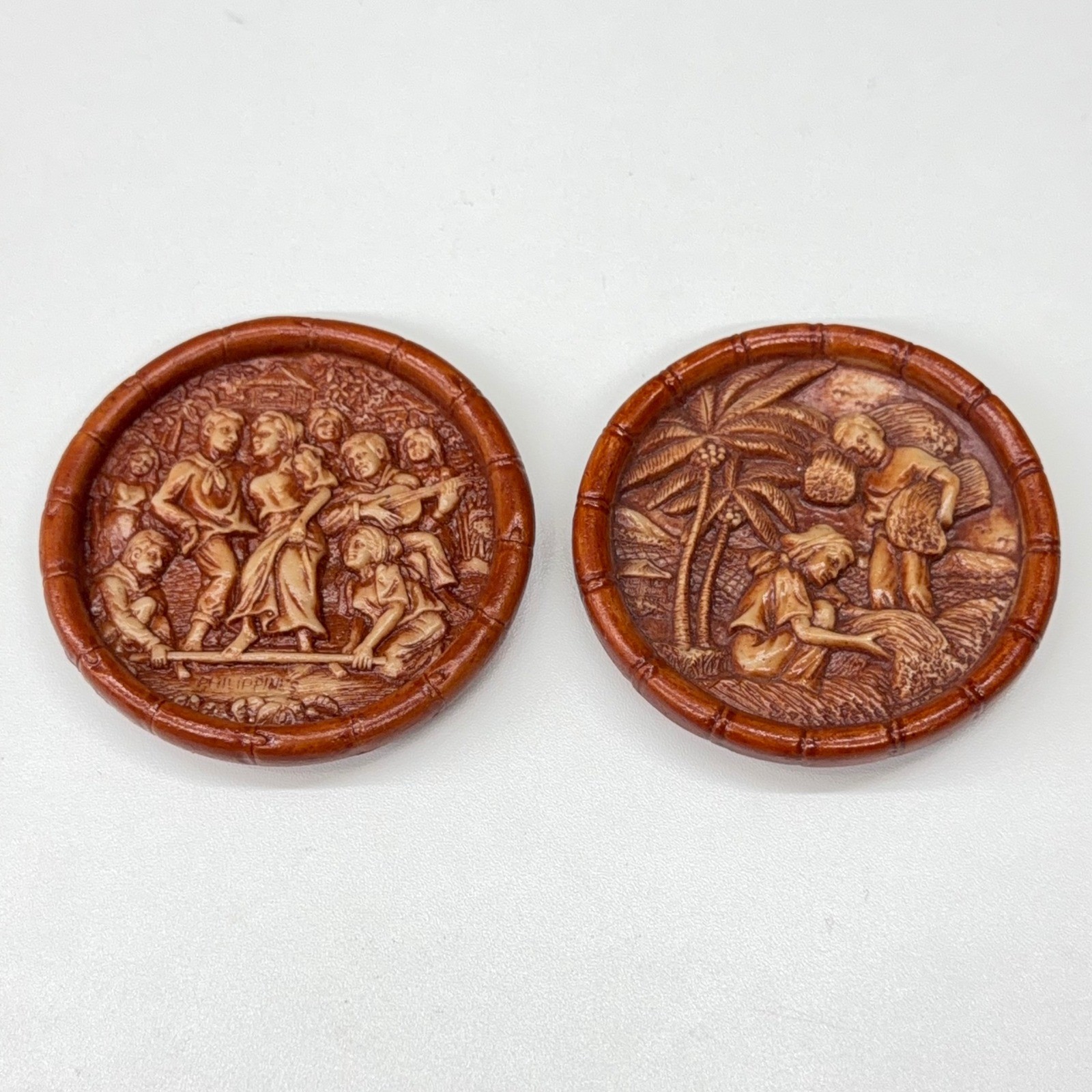 Vintage Shoemart Philippines Relief Carved Resin Plaques Tinikling Harvest Set 2