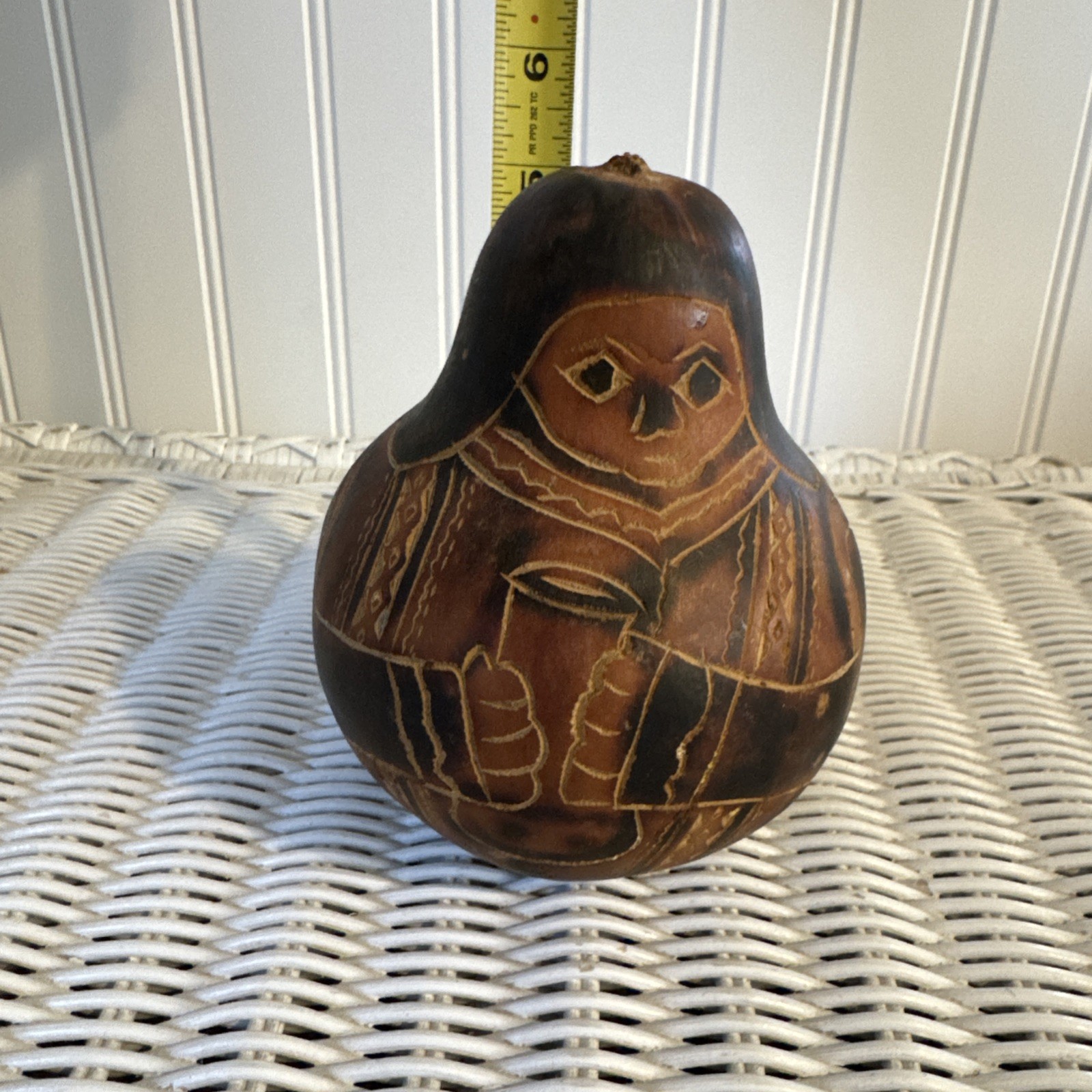 Vintage Peruvian Mate Burilado Carved Gourd Folk Art Figure Handcrafted Peru