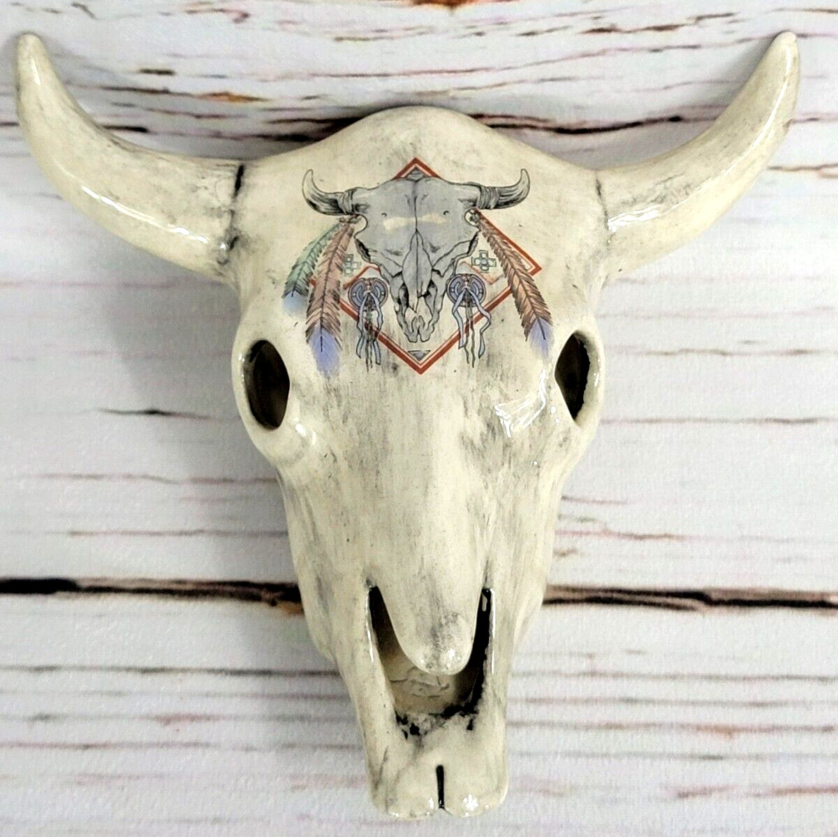 Steer Bull Skull With Horns Decorative Ceramic Southwest Painted Design