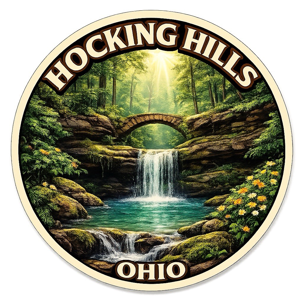 Hocking Hills Ohio 3” Round Waterproof Vinyl Sticker – Scenic Waterfall Design
