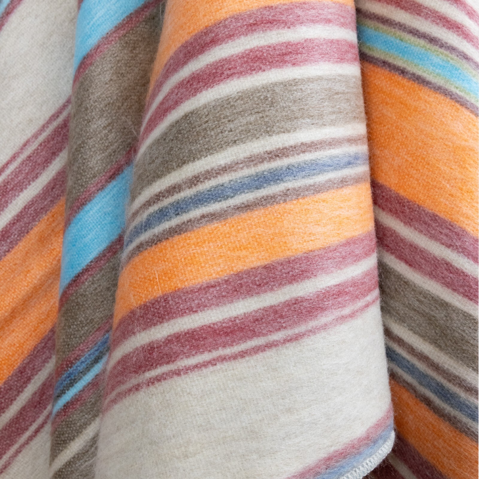 LUXURIOUS STRIPED ALPACA WOOL BLANKET 96×67 in MULTICOLOR ORANGE BLUE TAUPE