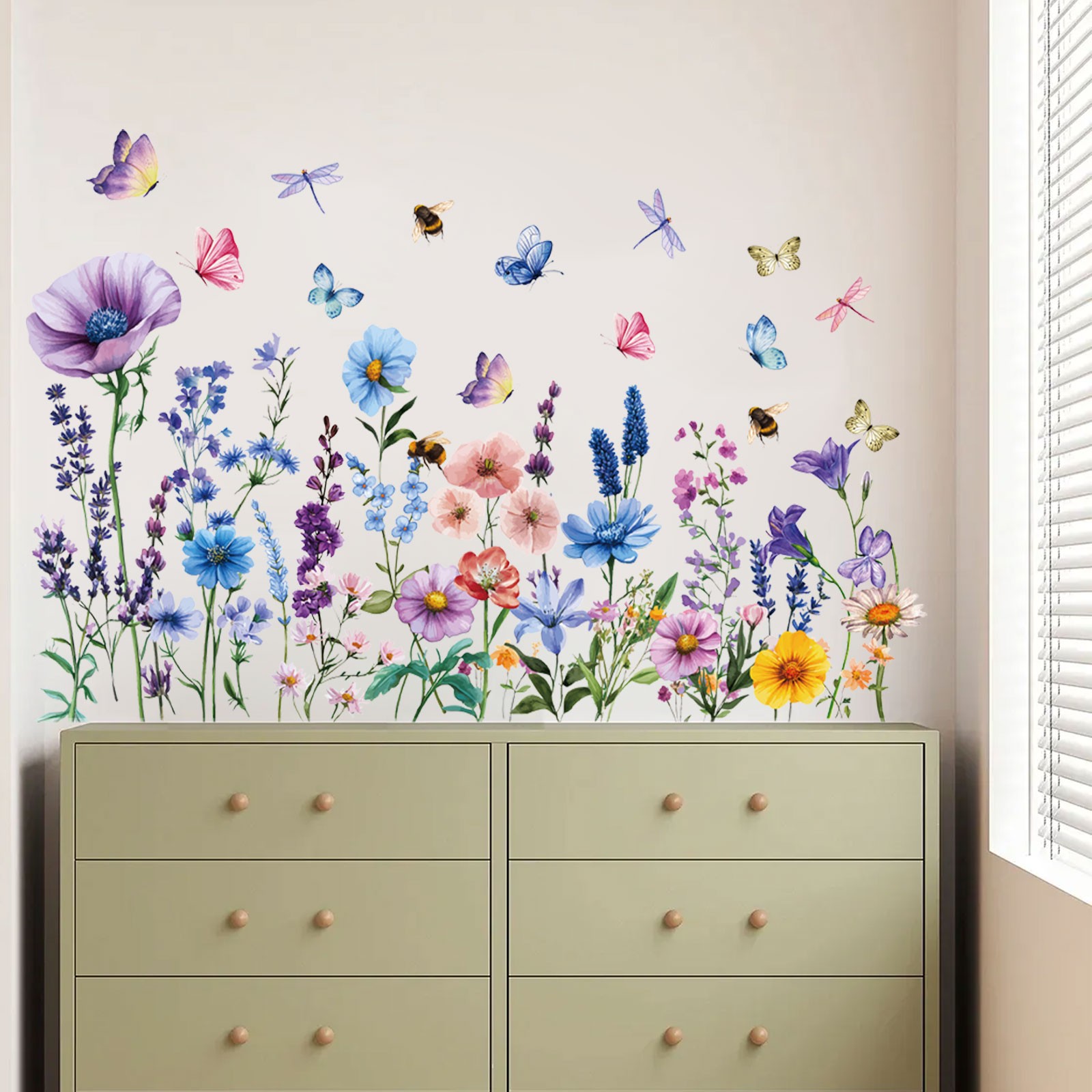 Watercolor Dragonfly Floral Wall Decals Stickers Peel Stick Waterproof Removable