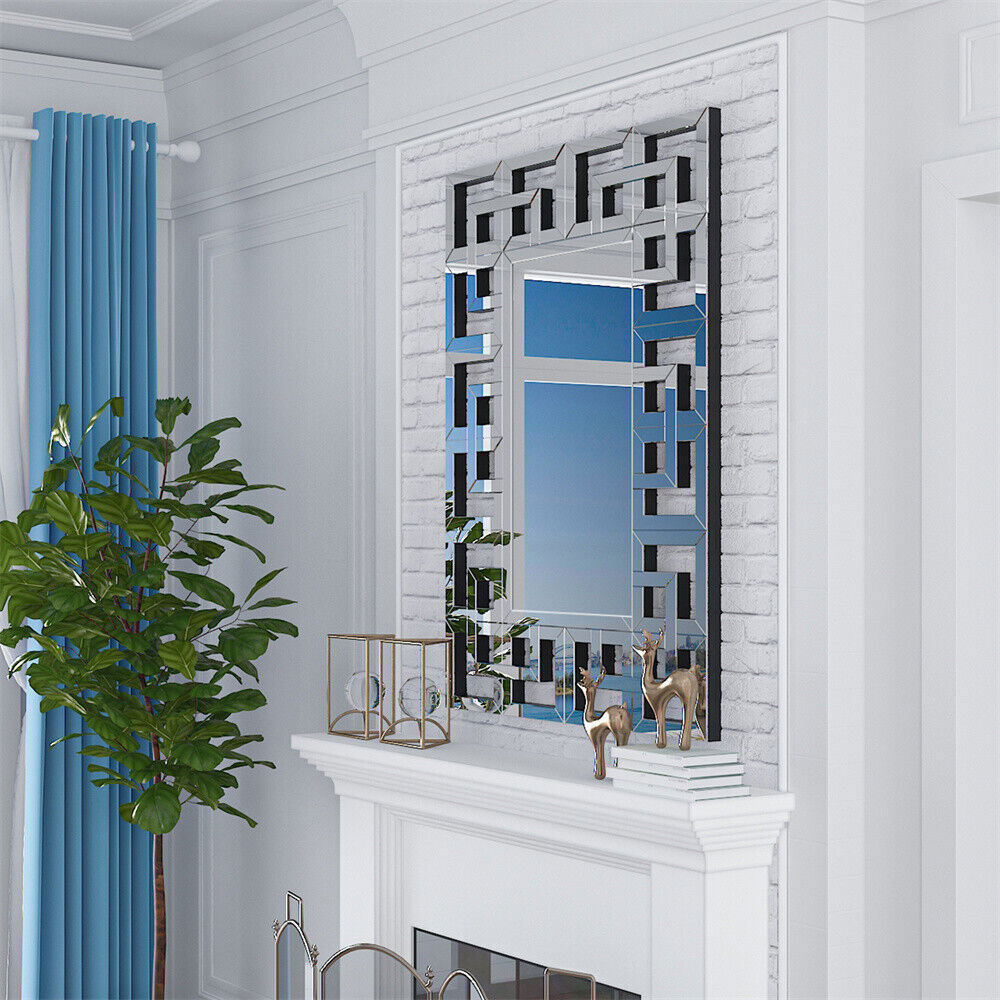 Geometric Decorative Wall Mirror Crystal Crush Diamond Wooden Back Constructed