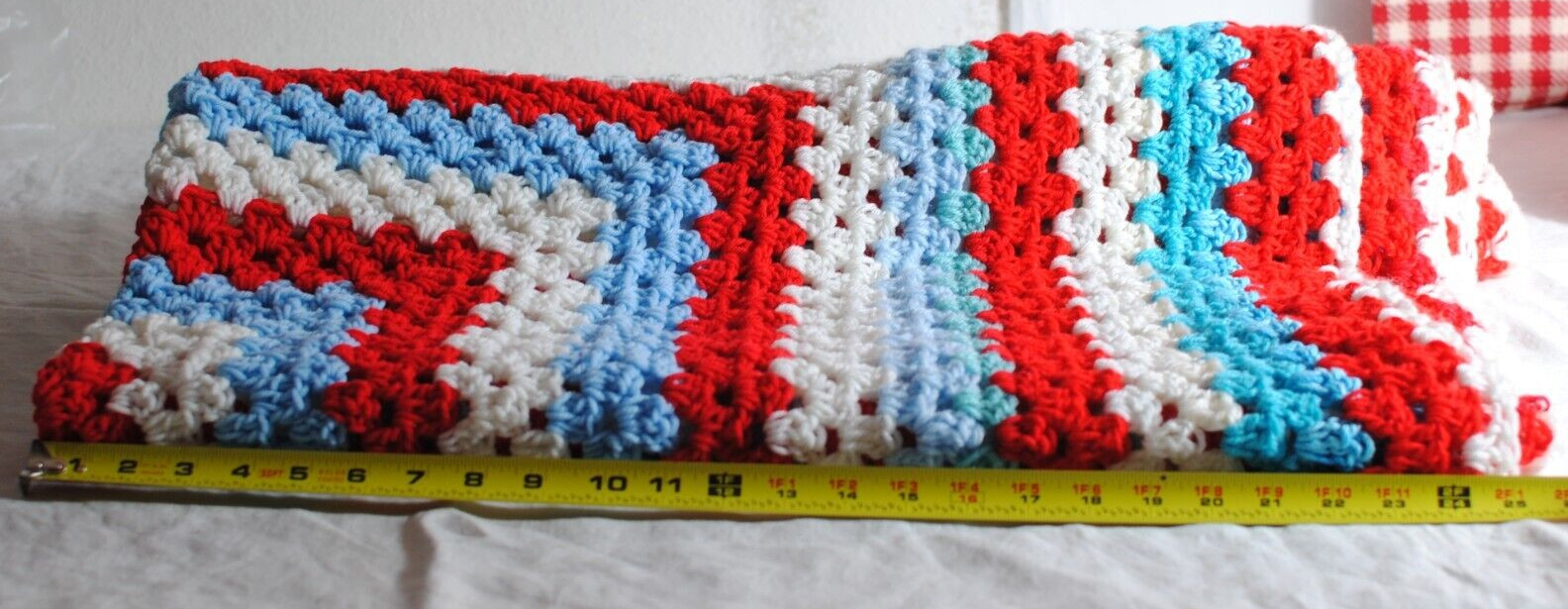 Handmade Single Stitch Afghan Throw Lap Blanket Red White Blue 50 x 52