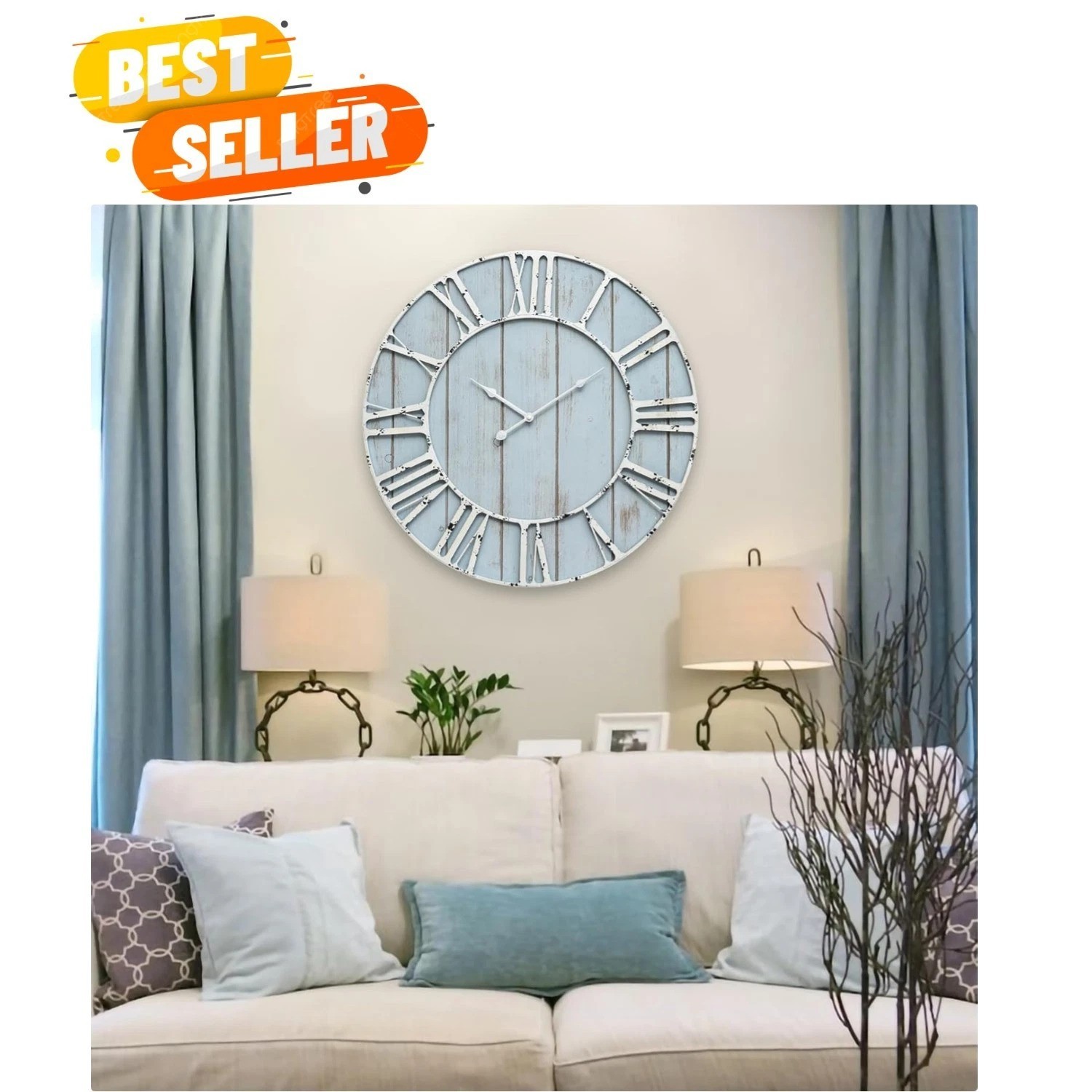 Large Farmhouse Wall Clock 24 Inch Vintage Blue Wooden Wall Clock with Quiet …