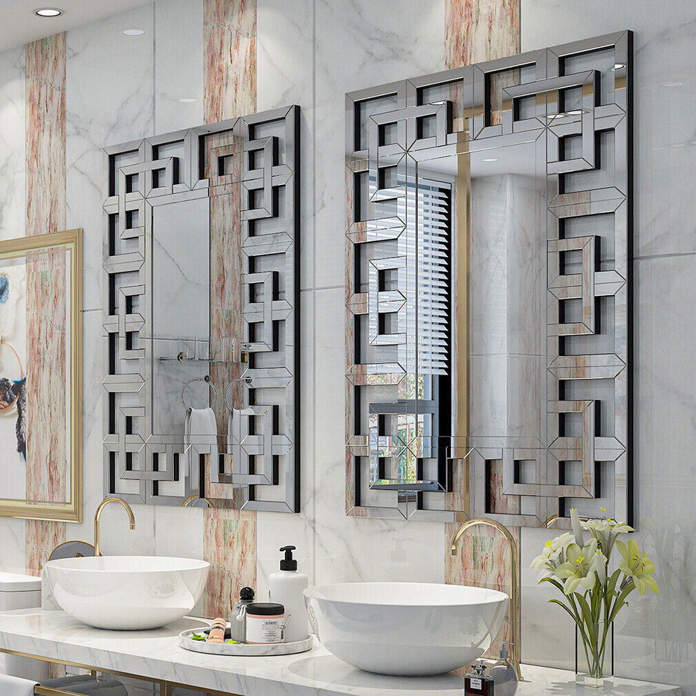 Geometric Decorative Wall Mirror Crystal Crush Diamond Wooden Back Constructed