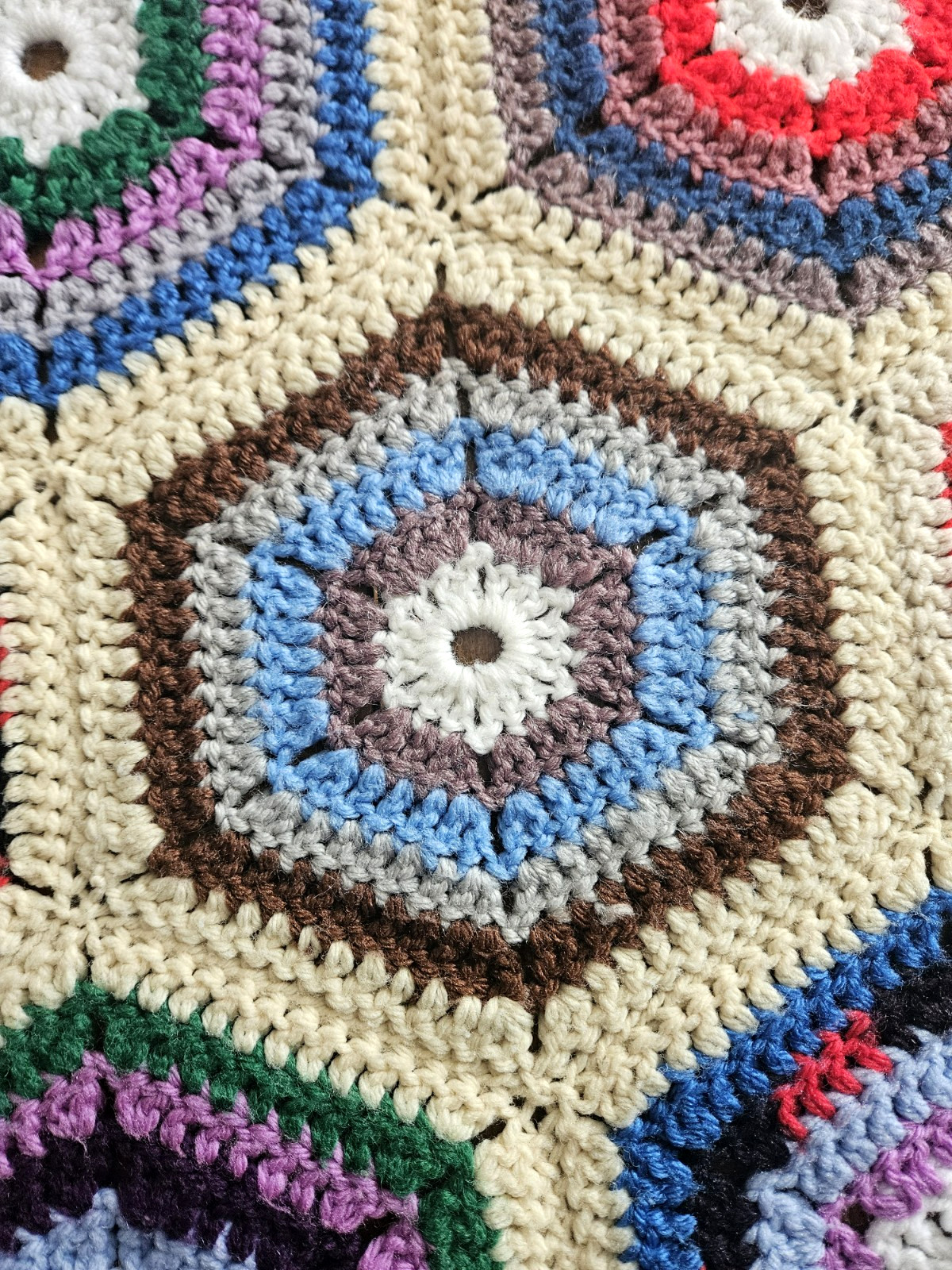 Vintage Hexagon Granny Square Crocheted Afghan Blanket Colorful Yarn Handmade