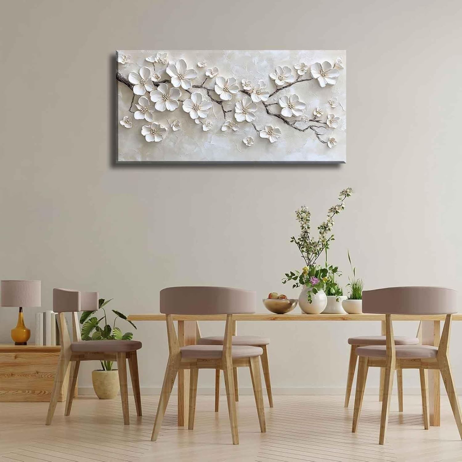 Large White Flower Canvas Wall Art 3D Texture Plant Floral painting Decor Pic…