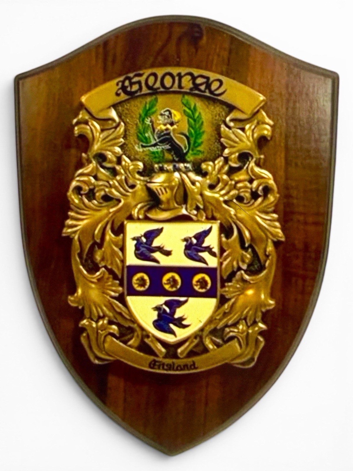 George Family Crest Wall Plaque 9” X 12” England Regal Wooden Lion