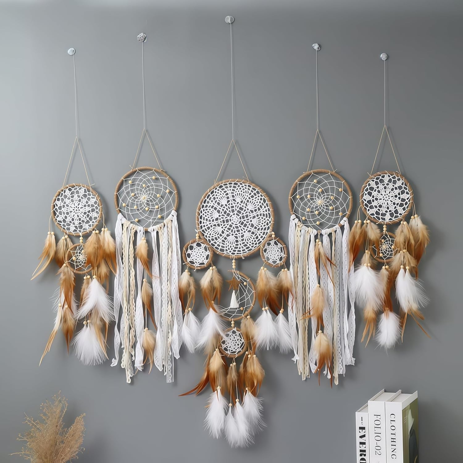 Set of 5 Boho, Hanging Large Boho Dream Catcher Macrame Wall Hanging Moon Dre…