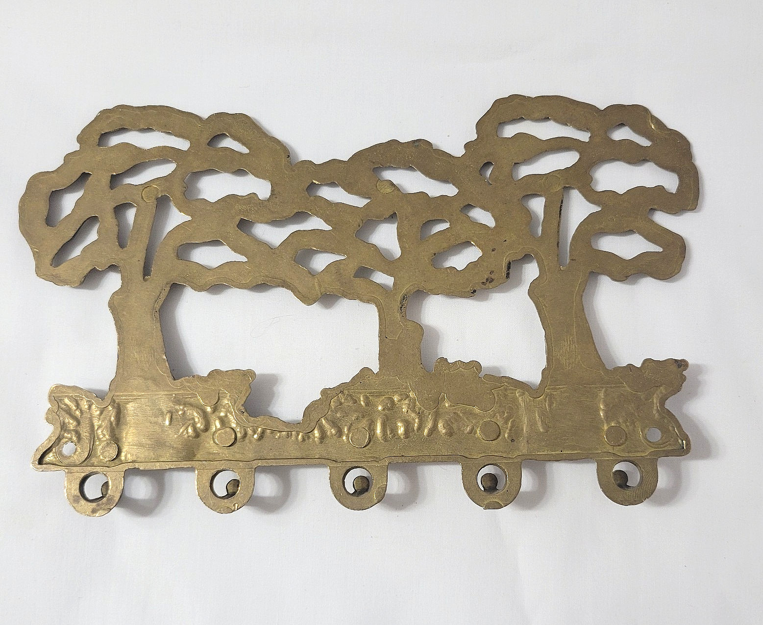 Vtg Brass Metal Bronze 3 Trees Design 5 Hooks Keys Wall Mount Rack 8.5″