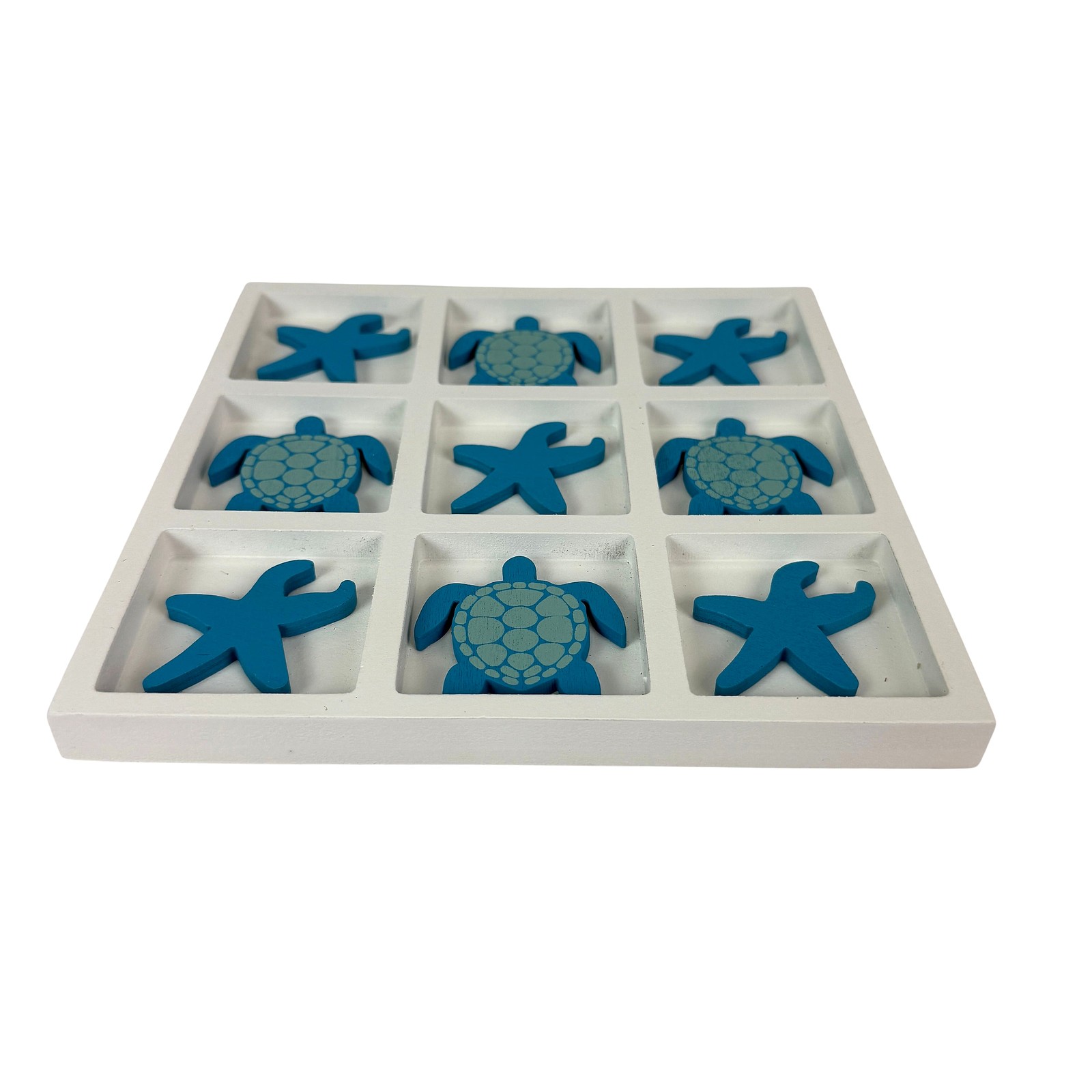 Coastal Sea Turtle Starfish Sculpture Decor Board White Blue Wood 7.75 In