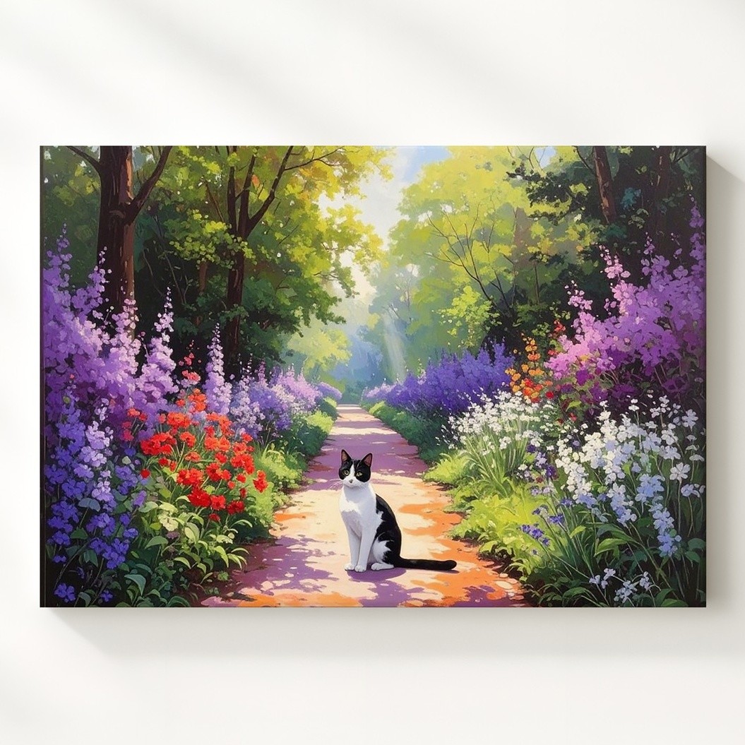 Serene Garden Path Cat Canvas Black-And-White Cat In Blooming Spring Scene In