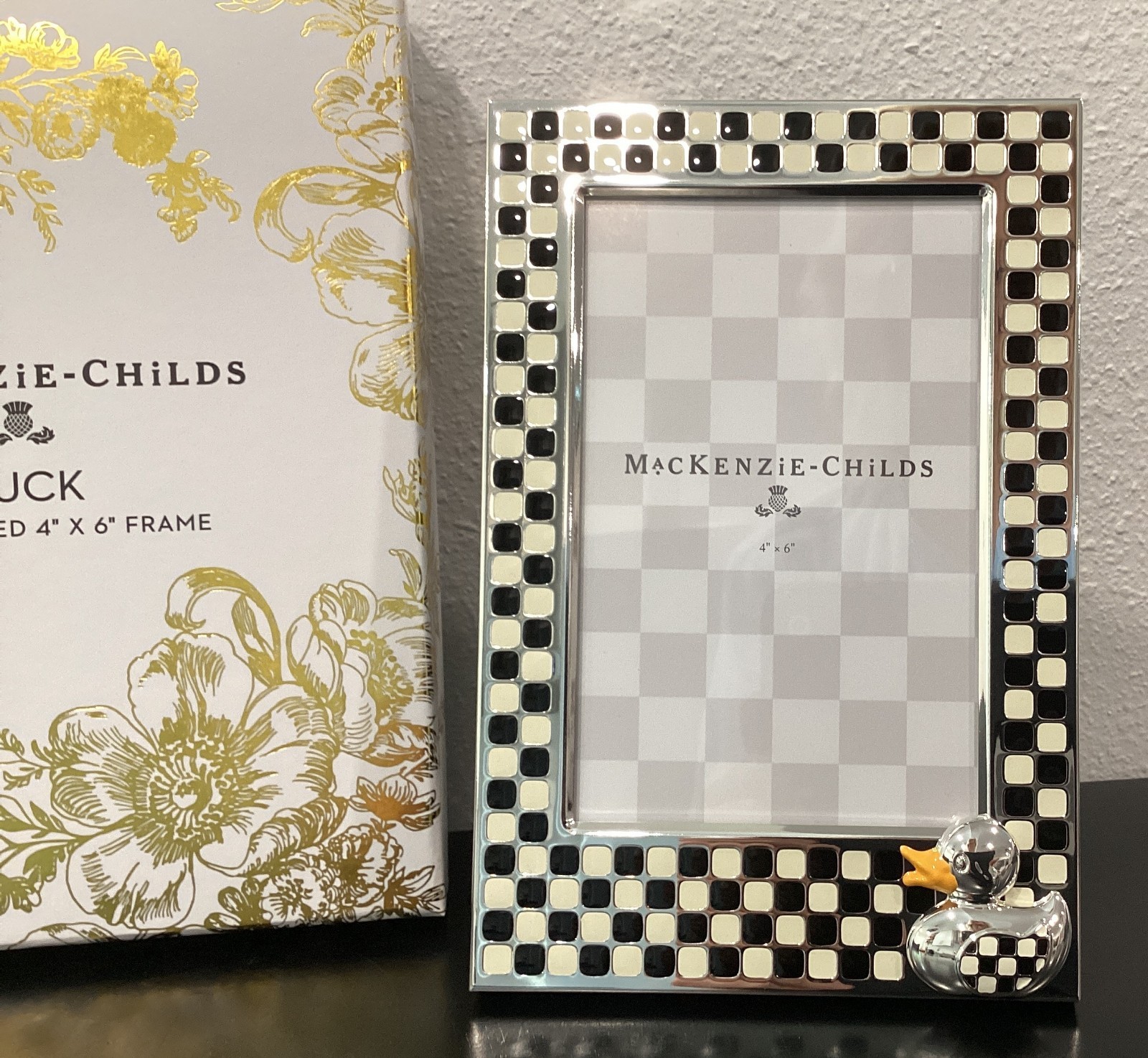 Mackenzie Childs Silver Plated Duck 4″ x 6″ Frame Enamel Checks Easel Stand New