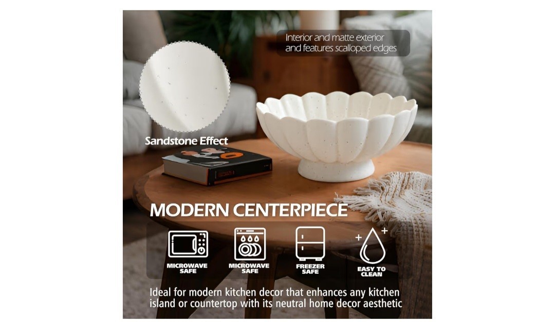 Accessoryway Large White Ceramic Footed Bowl-10.6″ Wide-NEW IN ORIG BOX