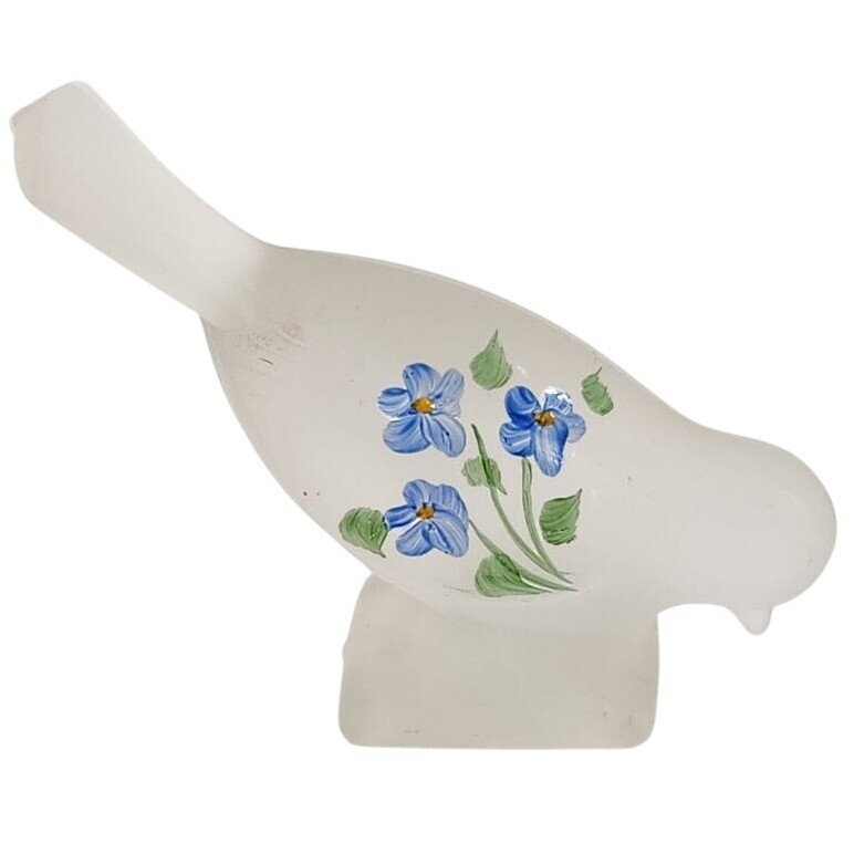 Frosted Glass Sparrow Bird Hand Painted Flowers Small Figurine